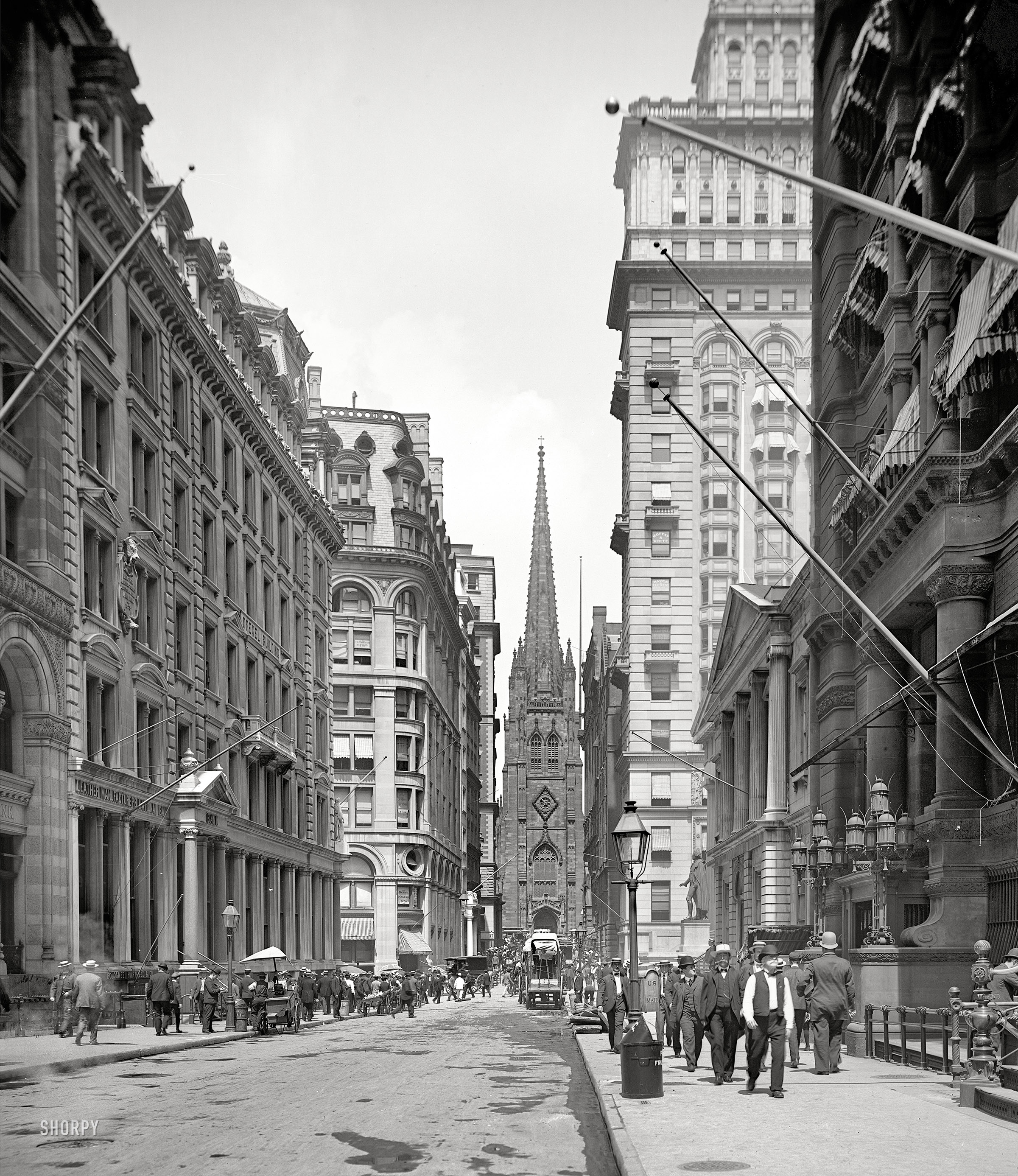 Lower Manhattan circa 1903. "Wall Street and Trinity Church, New York." 8x10 inch dry plate glass negative, Detroit Publishing Company. View full size.