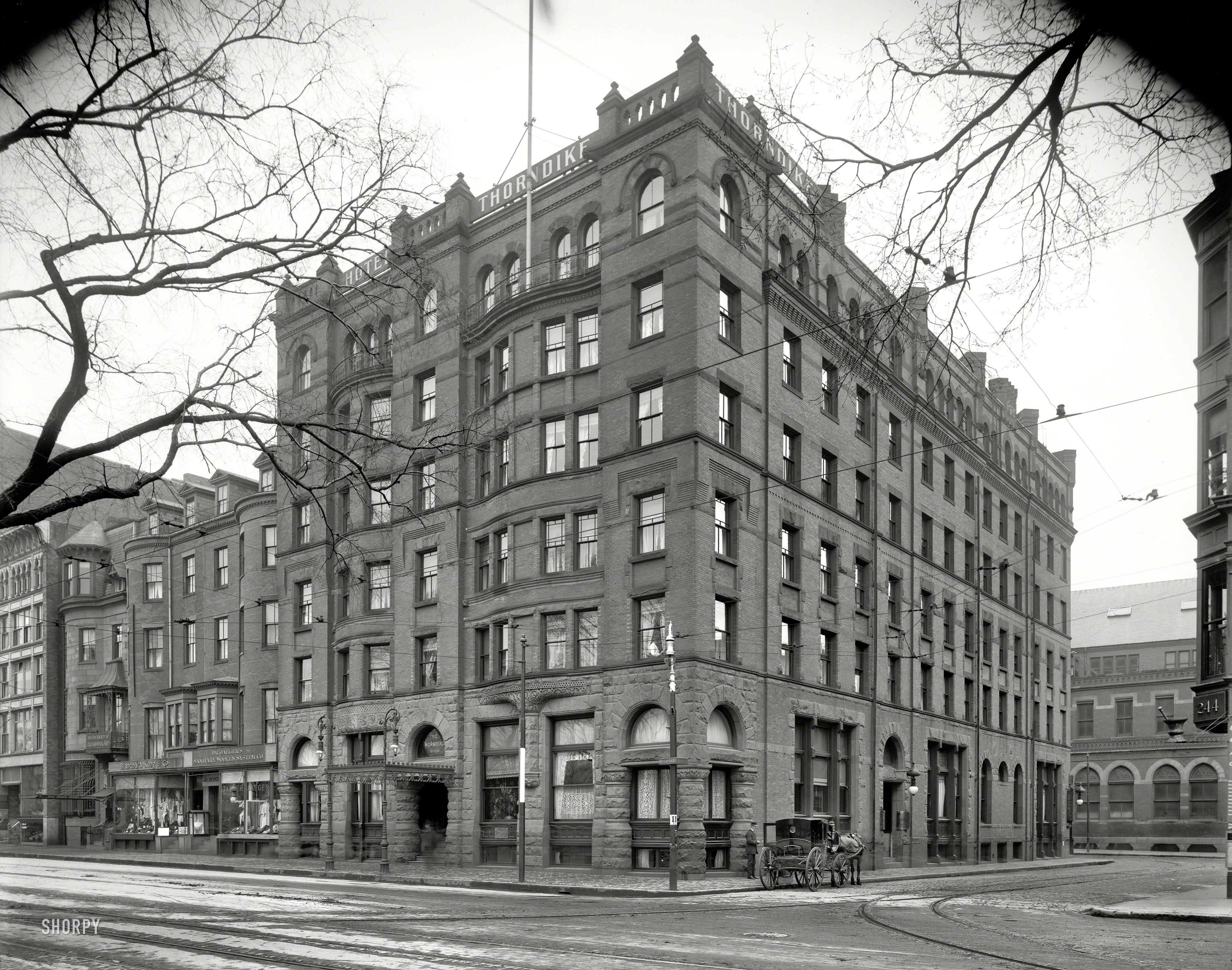Boston circa 1904. "Hotel Thorndike, Boylston and Church Sts." Next door to the intriguingly named "Dr. Jaeger's Sanitary Woolen System." View full size.
