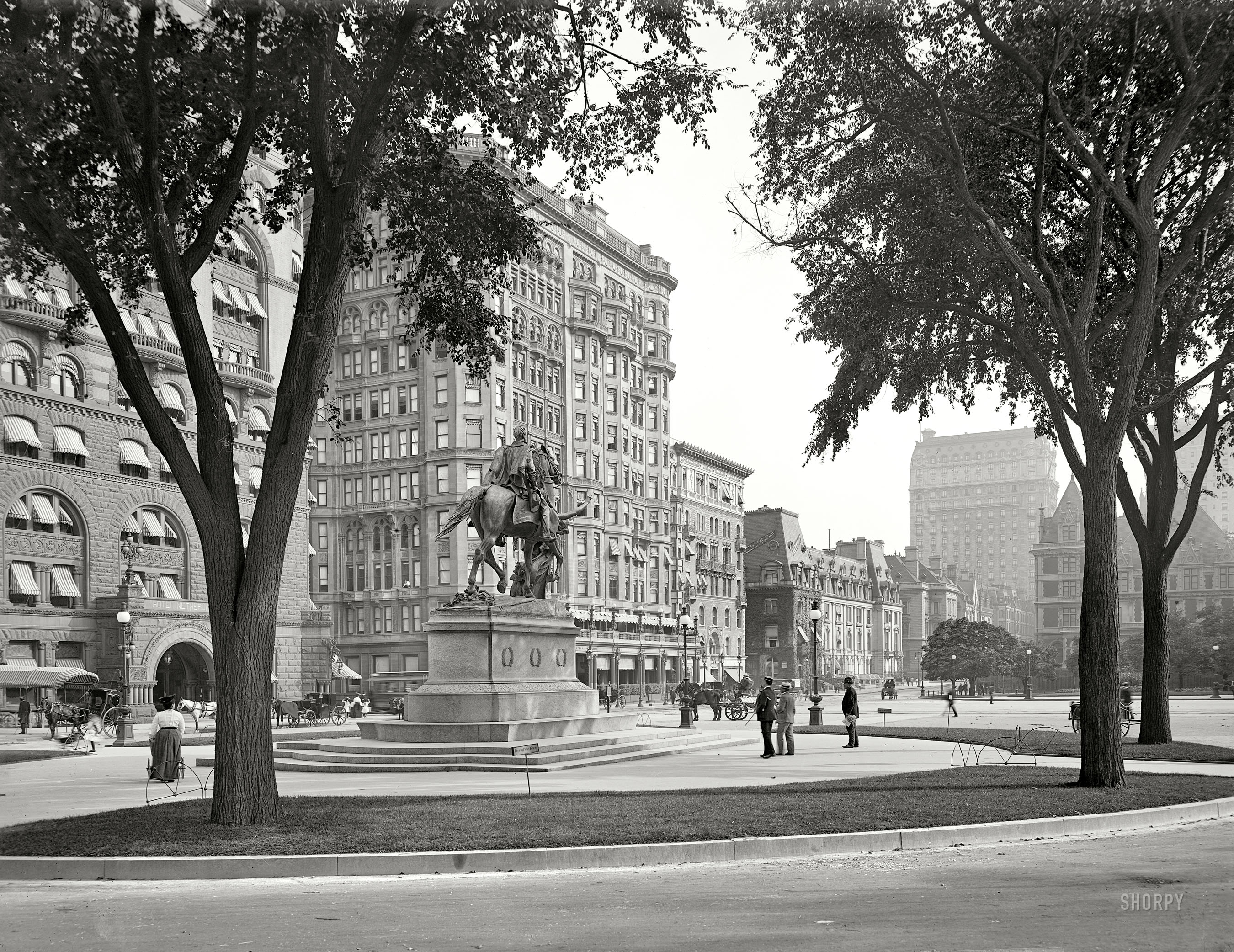 New York circa 1904. "Gen. Sherman statue at Fifth Avenue and 59th Street. Hotels Netherland, Savoy and St. Regis." 8x10 glass negative. View full size.