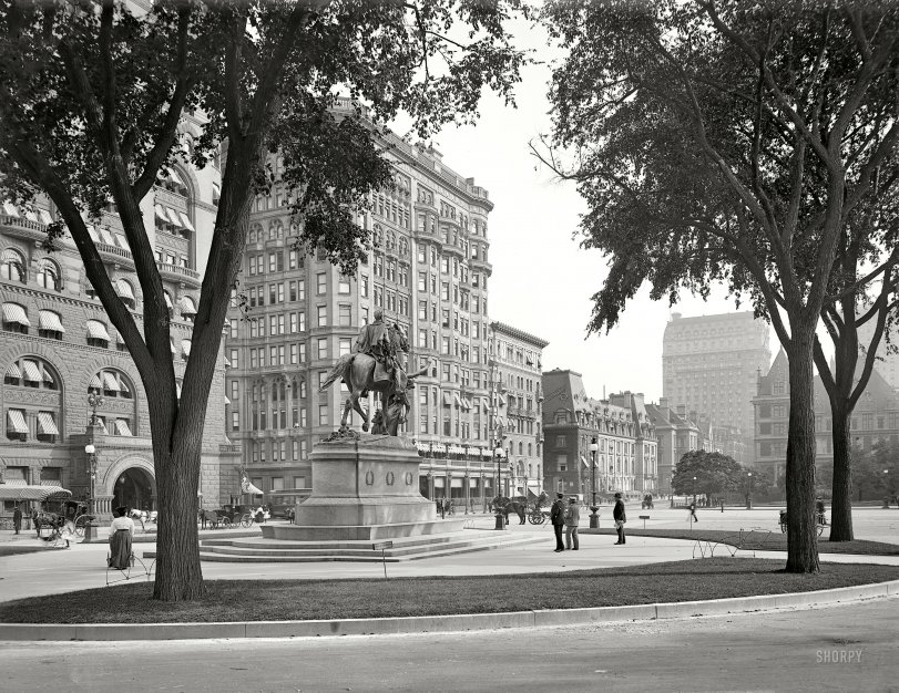New York circa 1904. "Gen. Sherman statue at Fifth Avenue and 59th Street. Hotels Netherland, Savoy and St. Regis." 8x10 glass negative. View full size.
