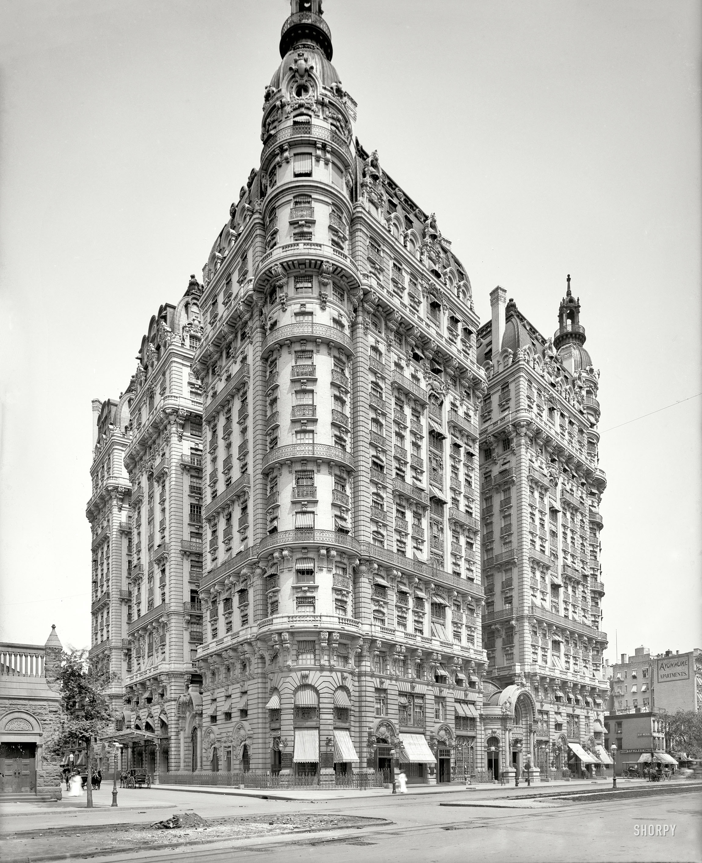 New York circa 1904. "Ansonia Apartments." This Beaux-Arts wedding cake, which still stands at Broadway and West 73rd Street, was last glimpsed here. 8x10 inch dry plate glass negative, Detroit Publishing Company. View full size.