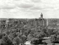 Washington, D.C., circa 1904. "North from the Smithsonian Institution." Landmarks include the Willard Hotel at left and Old Post Office tower. 8x10 inch dry plate glass negative, Detroit Publishing Company. View full size.
 Baltimore Sun BldgAlso visible, the Baltimore Sun Building (aka The American National Bank) with The Cairo behind that in the distance. Elsewhere on Shorpy, an aerial view of the same area. 
Then and nowThe striking thing is the gaggle of low-rise buildings where the Federal Triangle and the Smithsonian museums along Constitution Avenue are now.
(The Gallery, D.C., DPC)