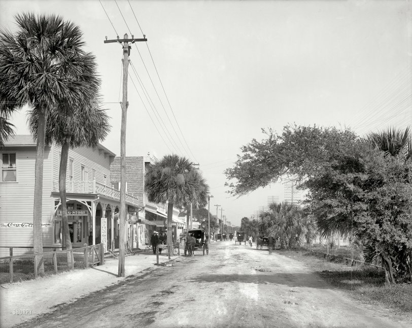 Florida circa 1904. "Beach Street, Daytona." Note the early Coca-Cola sign on Burdine's Pharmacy. 8x10 glass negative, Detroit Publishing Co. View full size.
