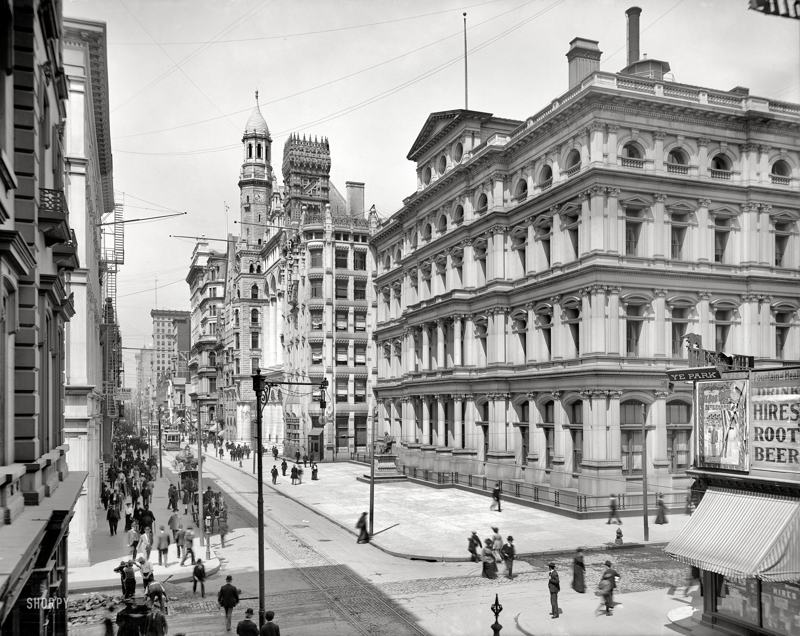 Philadelphia circa 1904. "Chestnut Street and post office." Plus signage promoting that "Fountain of Health," Hires Root Beer, and a theatrical production called Miss Bob White. 8x10 glass negative, Detroit Publishing Co. View full size.