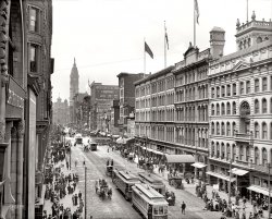Philadelphia circa 1904. "Market Street from Eighth." City Hall's clock tower at the end of the street. 8x10 glass negative, Detroit Publishing Co. View full size.