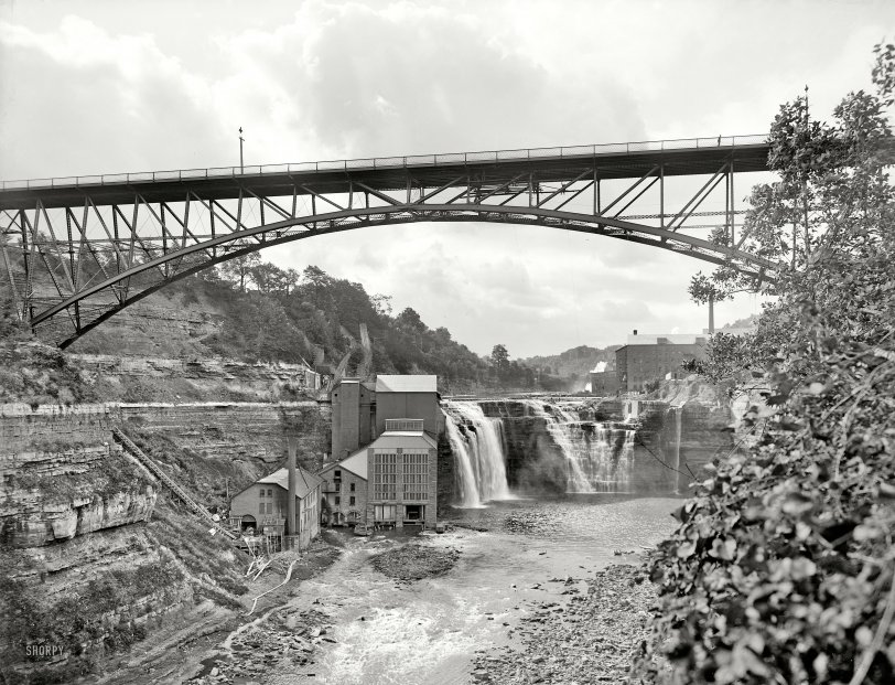 Rochester, New York, circa 1904. "Driving Park Avenue bridge and falls on Genesee River." And one of the flour mills that gave Rochester its nickname. 8x10 inch dry plate glass negative, Detroit Publishing Company. View full size.
