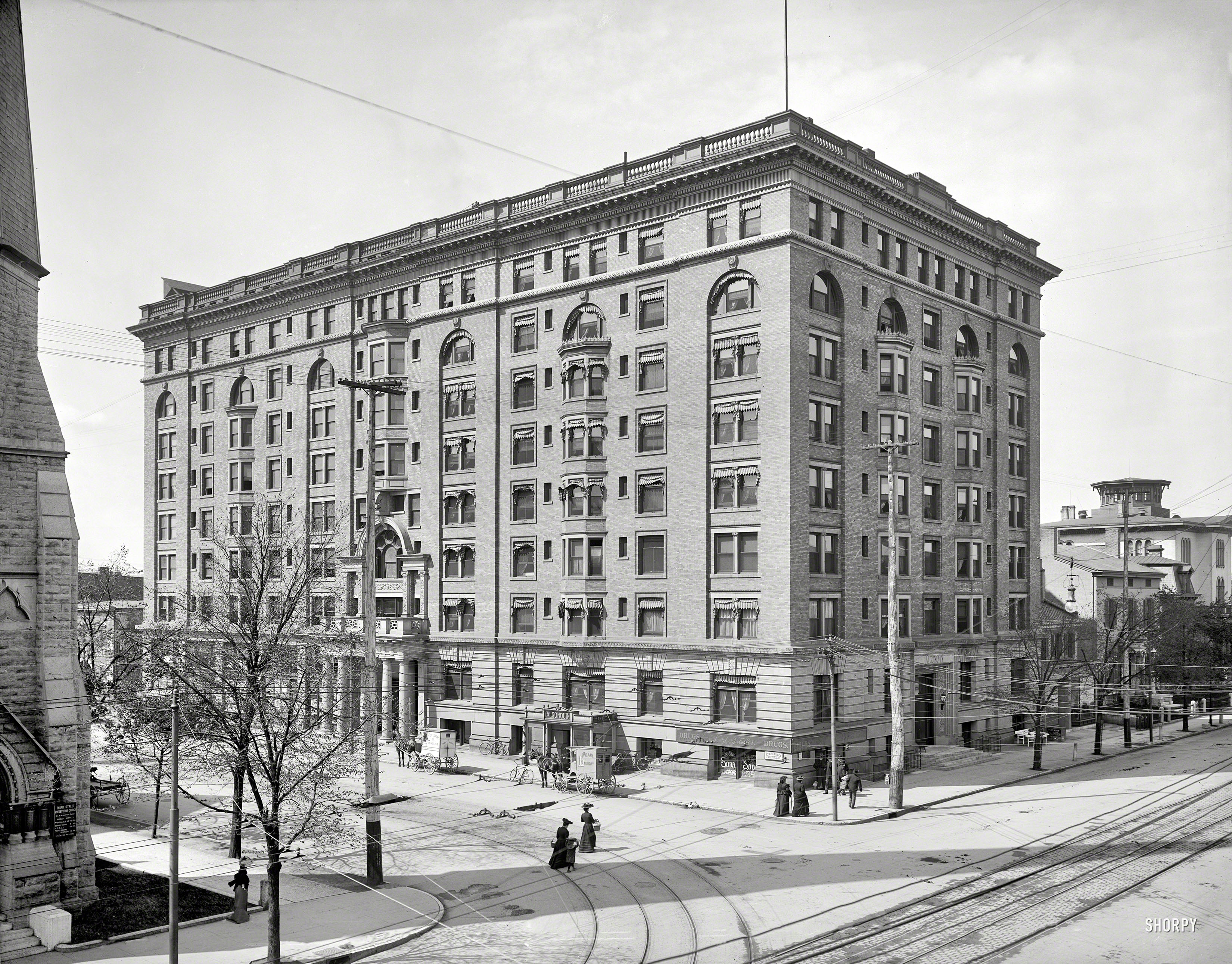Dayton, Ohio, circa 1904. "Algonquin Hotel, Ludlow and Third." Now the Dayton Grand. 8x10 glass negative, Detroit Publishing Company. View full size.