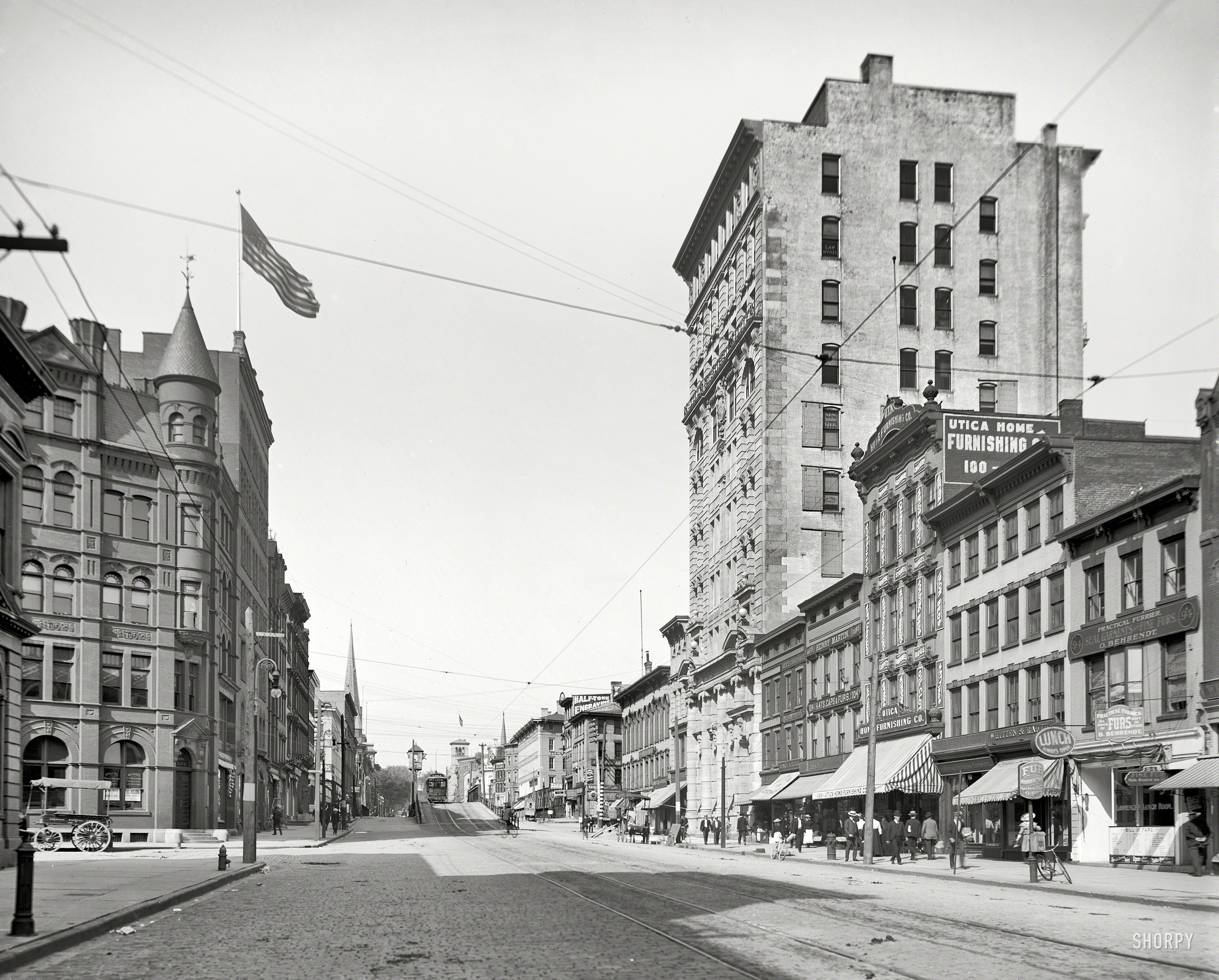 Circa 1905. "Lower Genesee Street -- Utica, New York." Note the streetcar switch tower. 8x10 inch glass negative, Detroit Publishing Co. View full size.