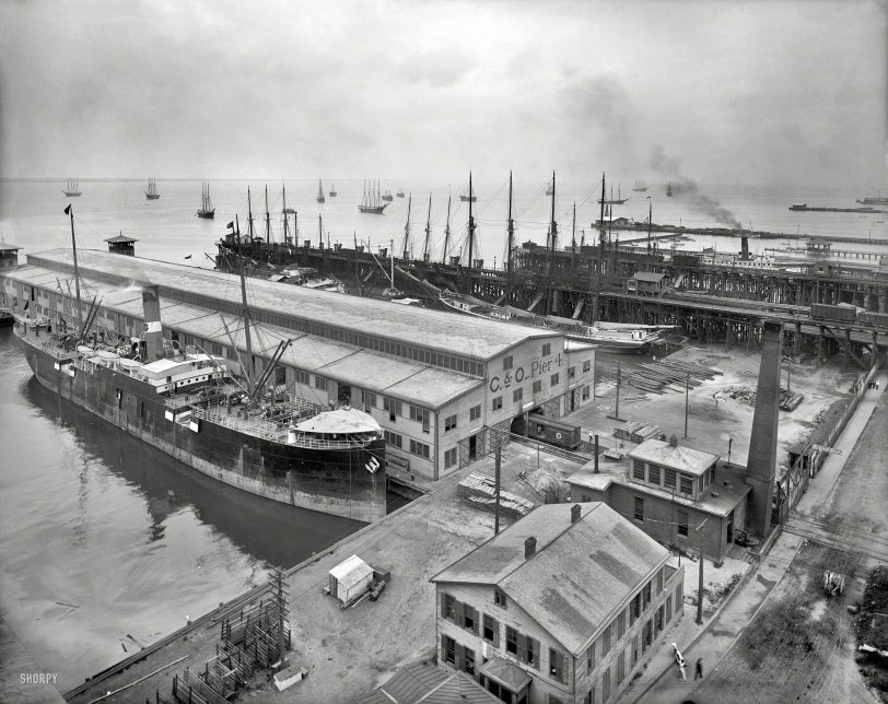 Circa 1905. "C. & O. terminal piers, Newport News, Virginia." The Kanawha in port. 8x10 inch glass negative, Detroit Publishing Company. View full size.