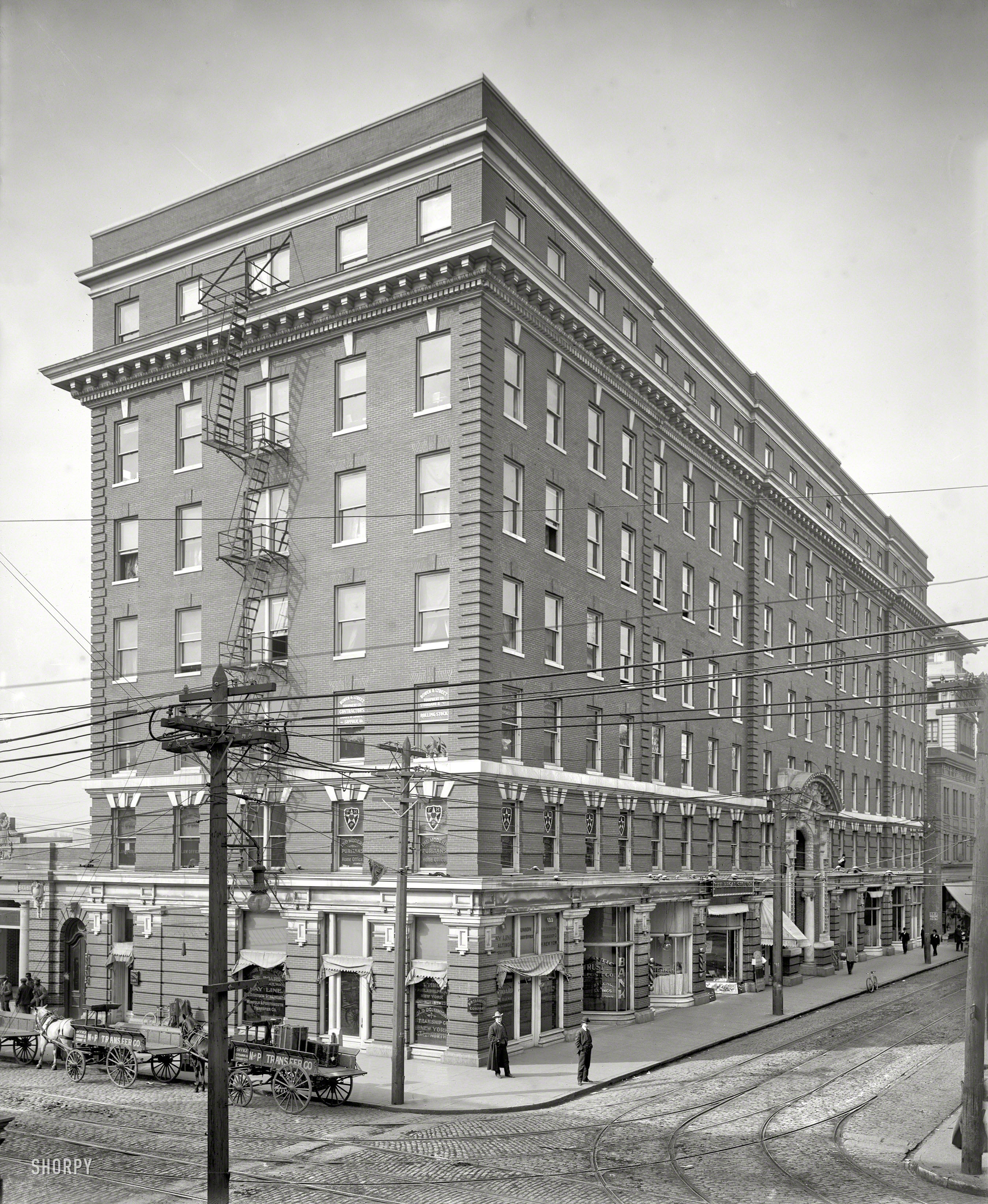 Norfolk, Virginia, circa 1906. "Atlantic Hotel, Granby Street." Demolished 1970s. 8x10 inch dry plate glass negative, Detroit Publishing Company. View full size.