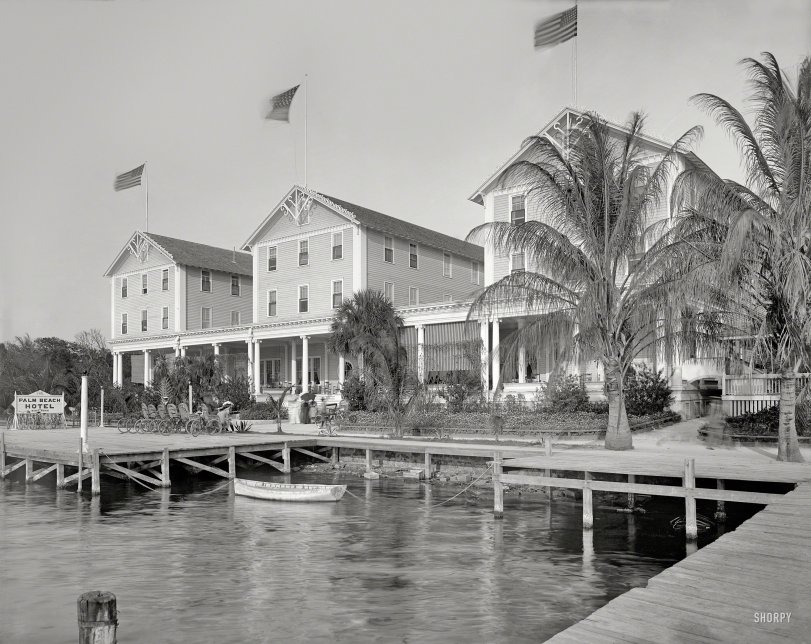 Florida circa 1905. "Palm Beach Hotel." Offering various modes of transport, including chairs that rock and ones that roll. 8x10 glass negative. View full size.
