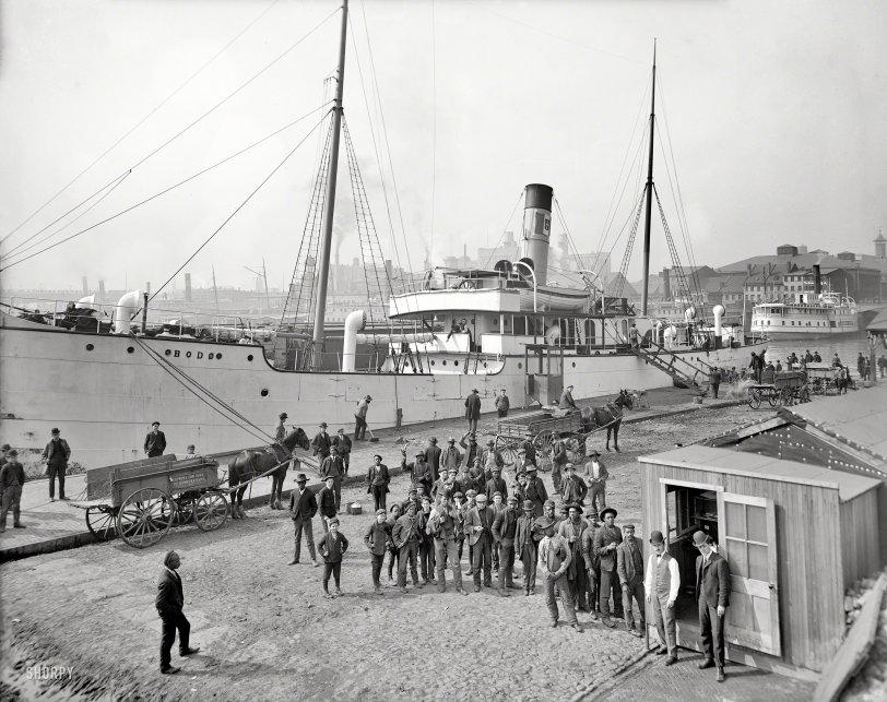 Circa 1905. "Payday for the stevedores. Baltimore, Maryland." 8x10 inch dry plate glass negative, Detroit Publishing Company. View full size.
