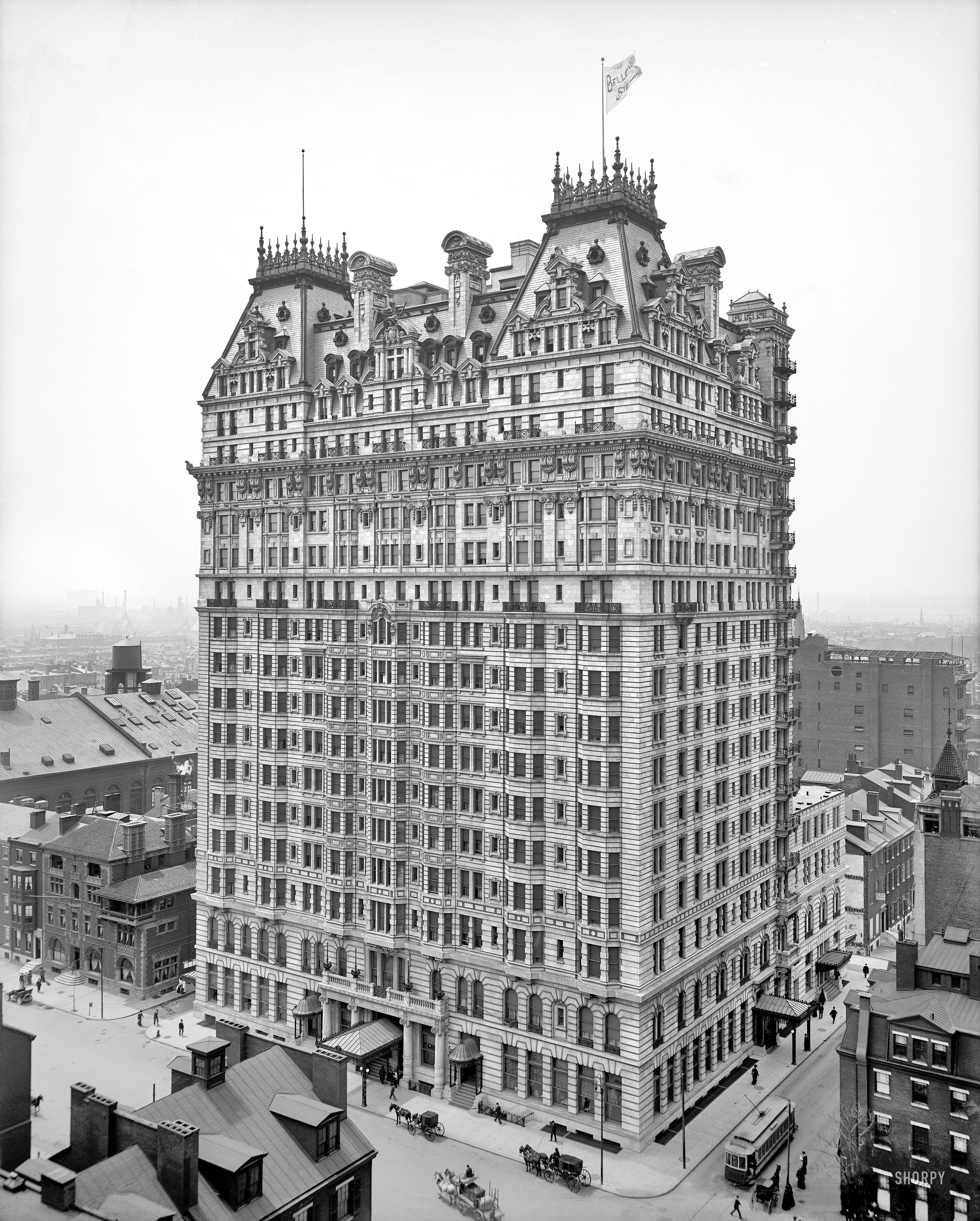 Philadelphia circa 1905. "The Bellevue-Stratford Hotel." As is often the case in these architectural views, the most interesting bits are at the periphery. 8x10 inch dry plate glass negative, Detroit Publishing Company. View full size.