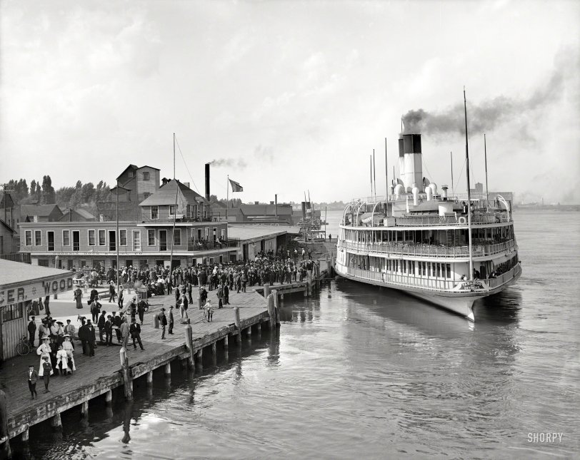Circa 1906. "The Tashmoo at Port Huron, Michigan." Our seventh post featuring the celebrated sidewheeler. Note the bike rack advertising the "Port Huron Cycle and Electric Co." 8x10 glass negative, Detroit Publishing Co. View full size.
