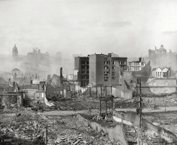 "Panorama from roof of Ferry P.O., San Francisco." Aftermath of the April 1906 earthquake and fire. 8x10 glass negative, Detroit Publishing Co. View full size.