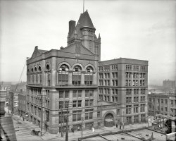 Kansas City, Missouri, circa 1906. "Board of Trade Building." 8x10 inch dry plate glass negative, Detroit Publishing Company. View full size.
Burnham &amp; RootThis was Burnham &amp; Root's most important commission in Kansas City. The Chicago firm won an architectural competition held for the project in 1886; the building was finished in 1888. The trading room was located behind the big arched windows on the top floor of the left-hand wing. Alas, like nearly all the other Burnham &amp; Root buildings in KCMO, it was torn down - in this case, in 1968.
Home sweet home60 years before my time that is.
Spot the window washer.
That&#039;s a lot of bricks!There's rather nice history of the building here. Needless to say, it's no longer around, having been razed in 1968.
(The Gallery, DPC, Kansas City MO)