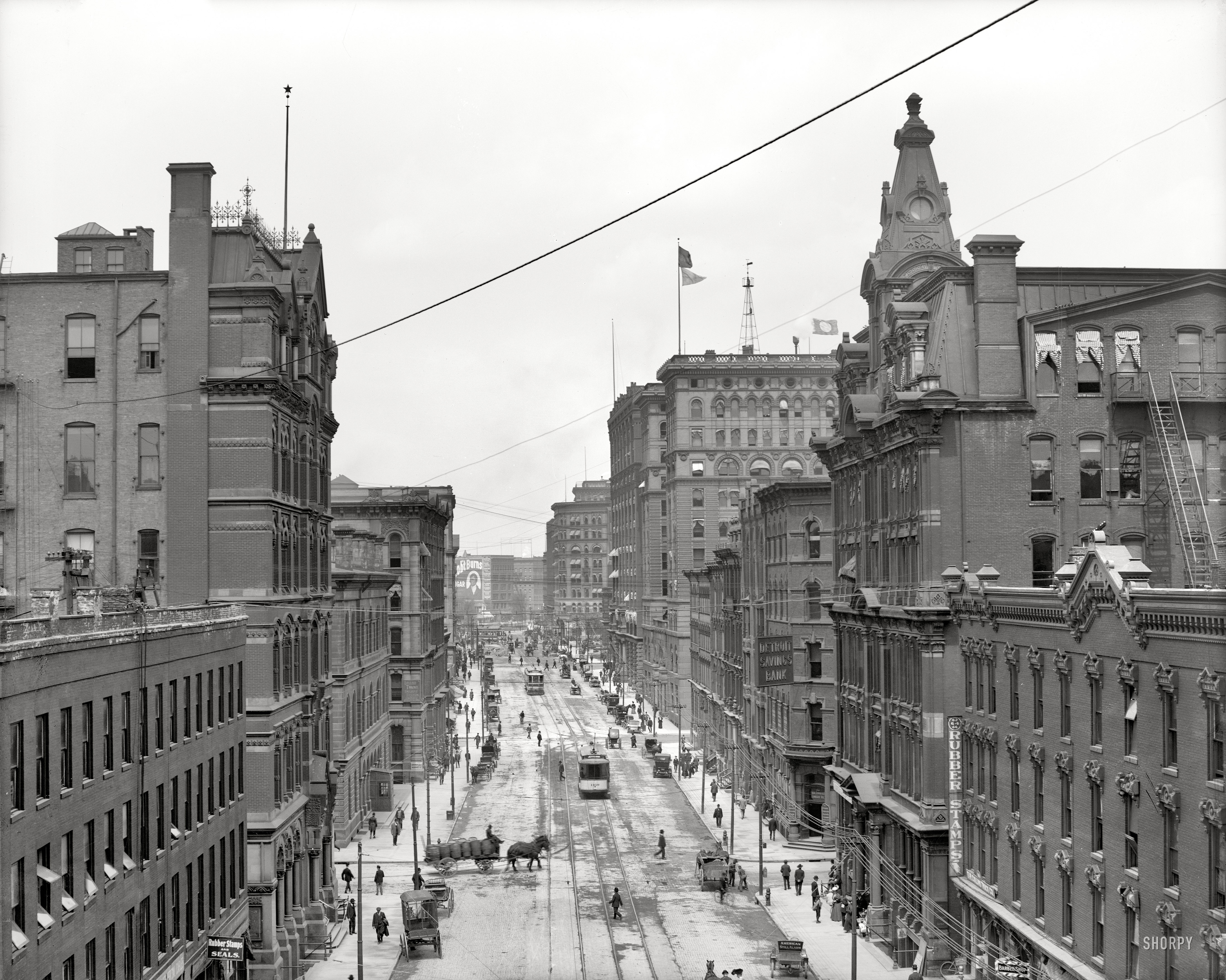 Detroit circa 1906. "Griswold Street." My favorite detail here: The American Still Alarm auto at lower right. Detroit Publishing glass negative. View full size.