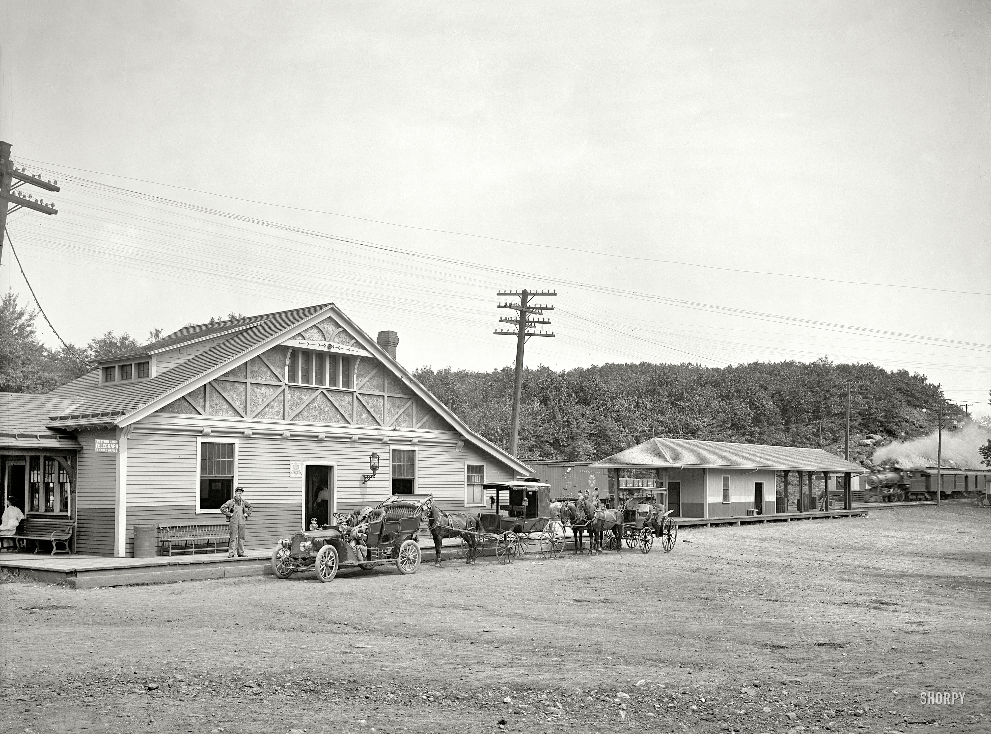 Circa 1906. "Railroad station, Magnolia, Massachusetts." Multi-modal transportation. 8x10 glass negative, Detroit Publishing Co. View full size.