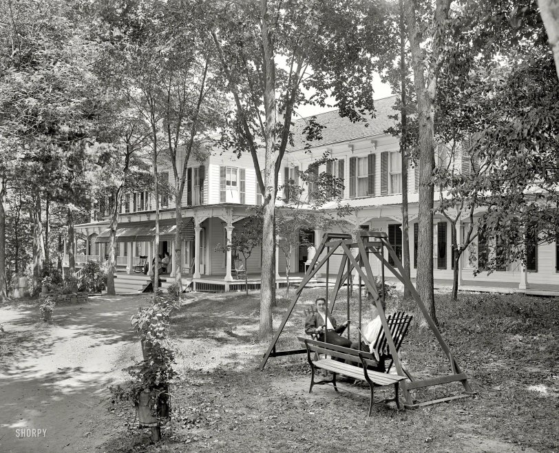 Circa 1907. "Kaatskill House, Lake George, New York." A place that separates the gliders from the rockers. 8x10 inch glass negative. View full size.
