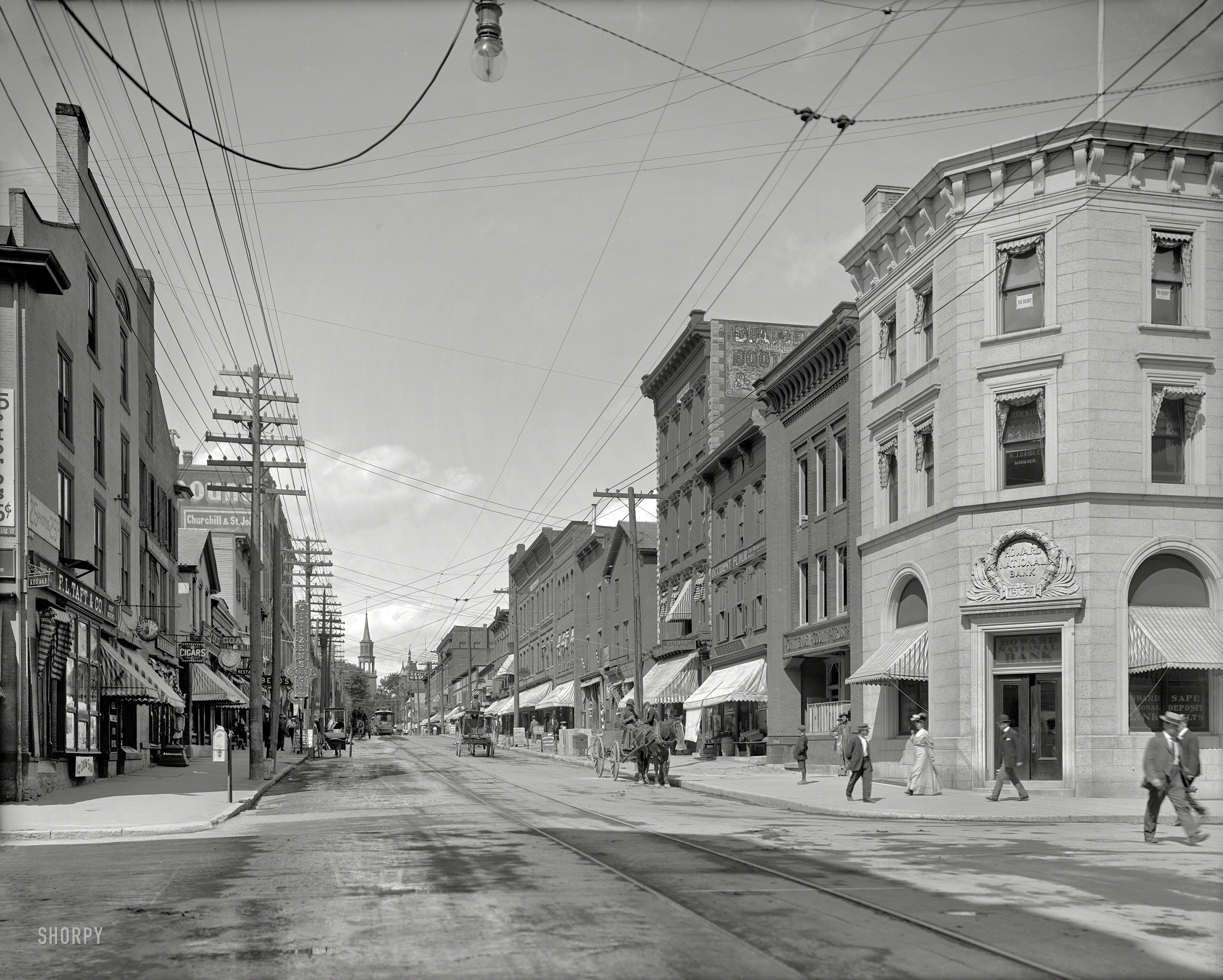 Burlington, Vermont, circa 1907. "Church Street looking north from College Street." 8x10 inch glass negative, Detroit Publishing Company. View full size.