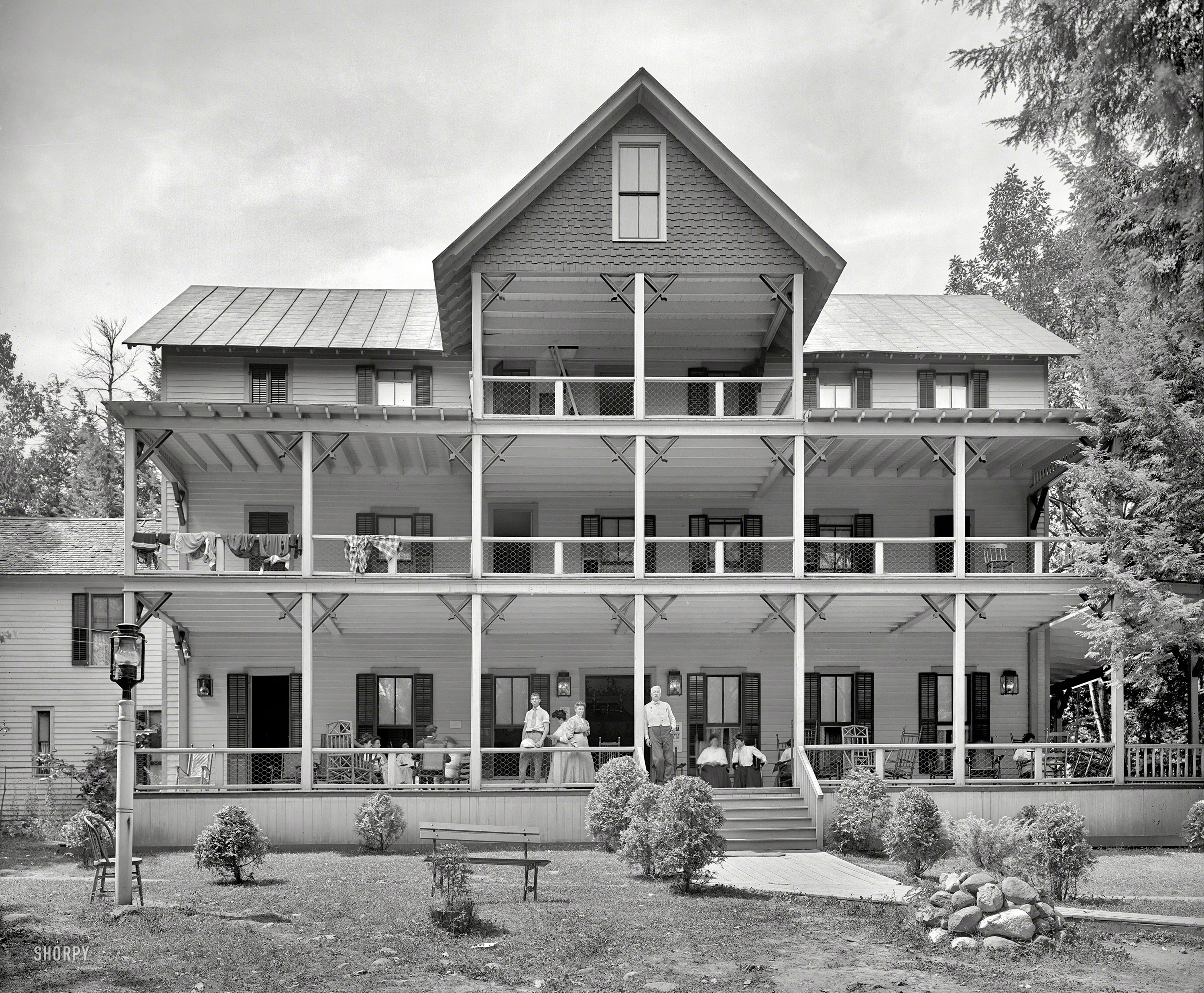 1906. Lake George, New York. "Horicon Lodge, Cleverdale." Come on by and set a spell. 8x10 glass negative, Detroit Publishing Company. View full size.