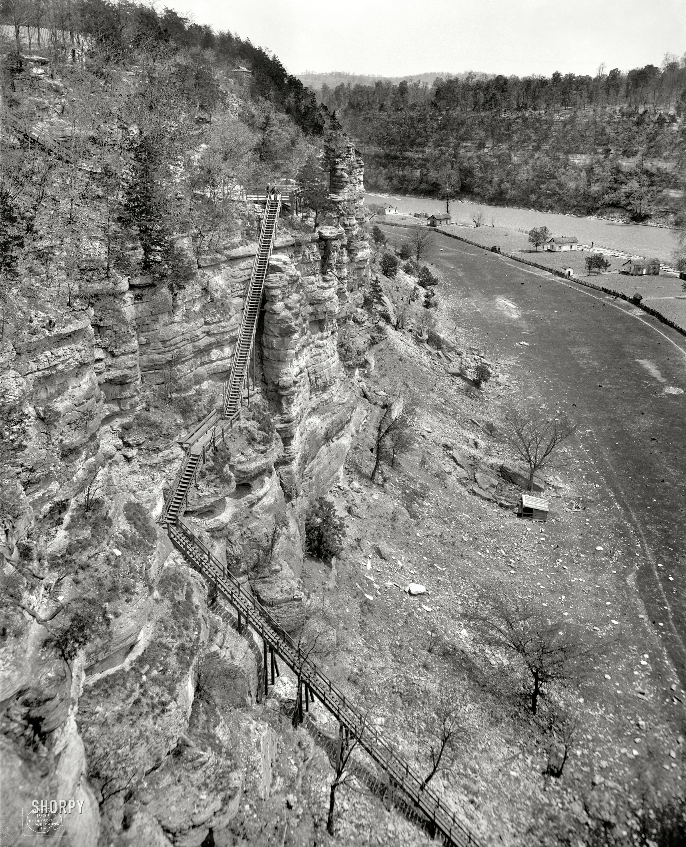 Circa 1907. "Cliff stairway, High Bridge, Kentucky." Oops, forgot my car keys, brb. 8x10 inch glass negative, Detroit Publishing Company. View full size.