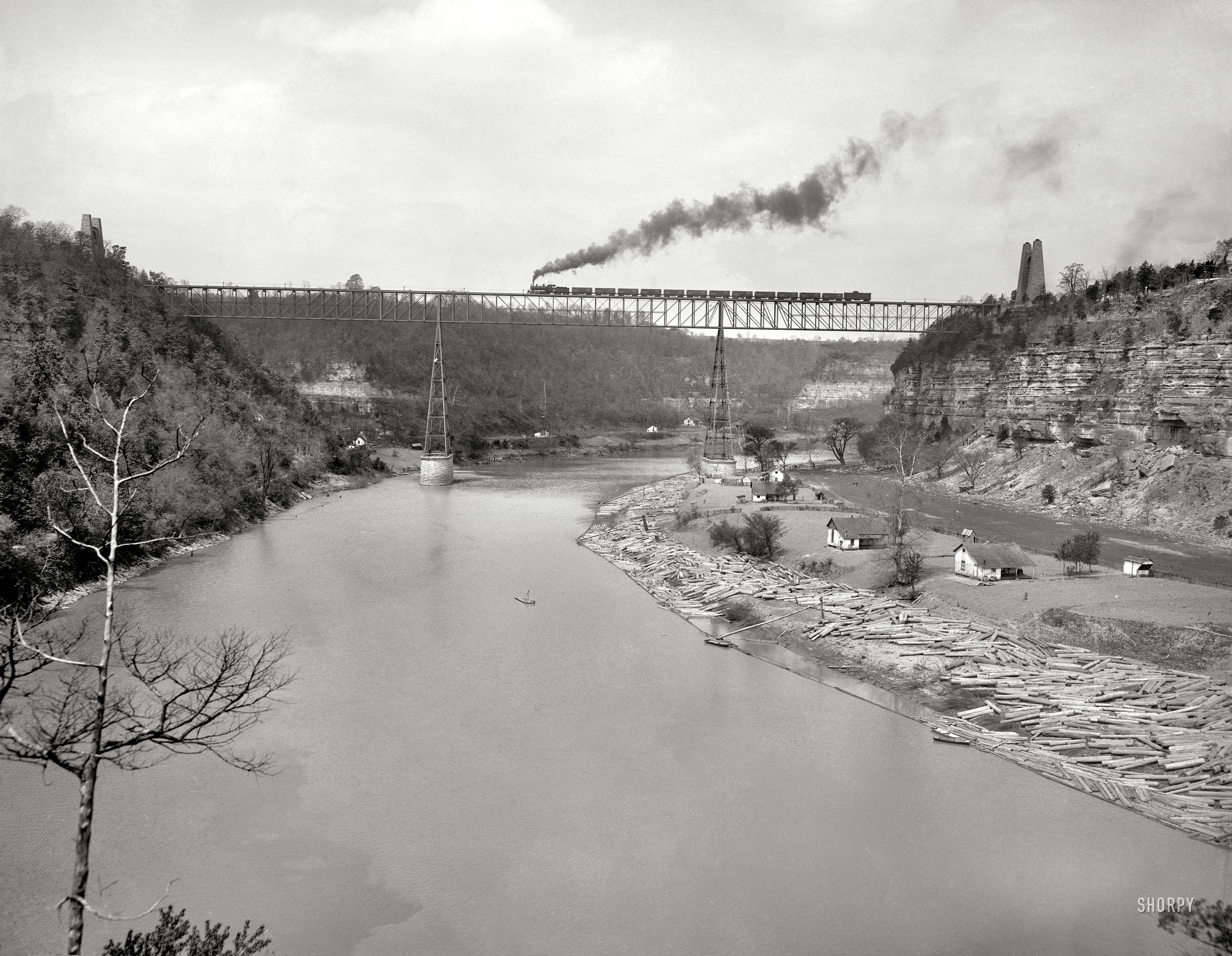 High Bridge, Kentucky, circa 1907. "High Bridge and Kentucky River." At right is a section of the stairway seen here yesterday. 8x10 glass negative. View full size.