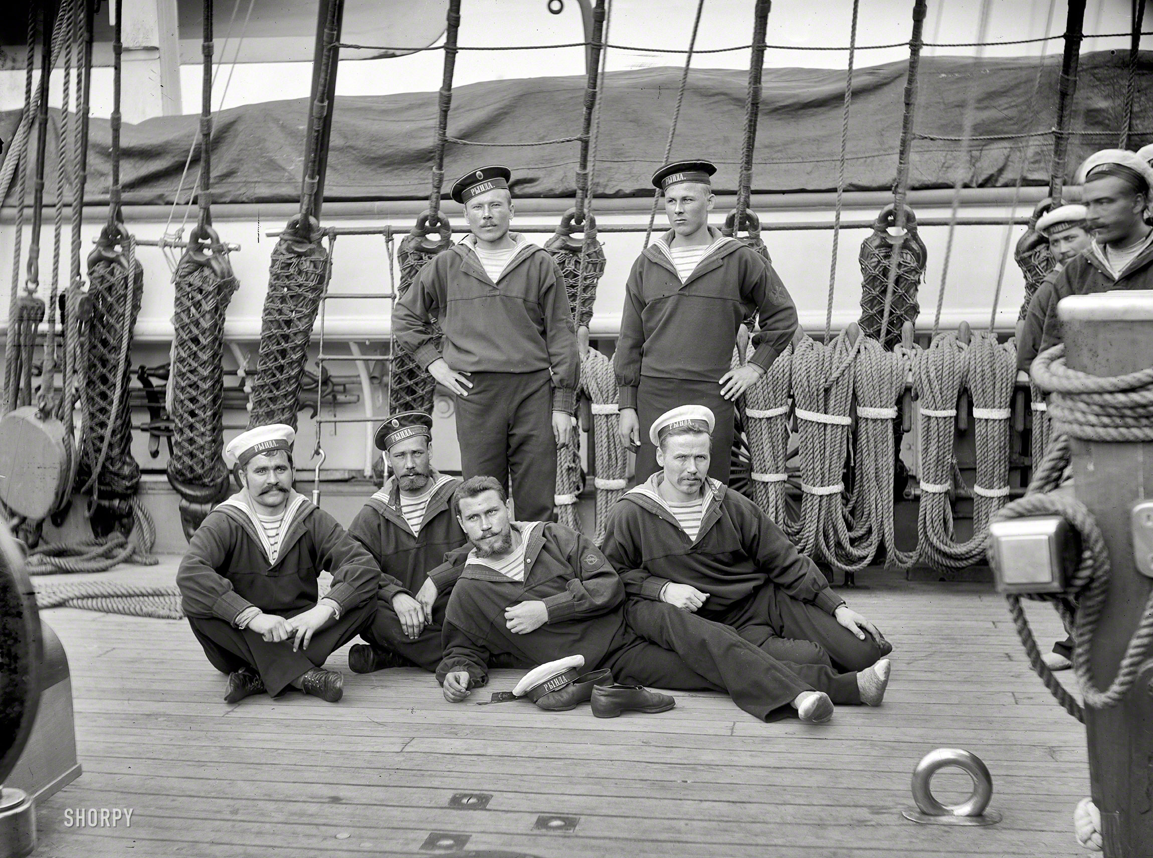 New York, 1893. "Columbian Naval Review. Group of sailors, Imperial Russian Navy." 8x10 inch glass negative, Detroit Publishing Company. View full size.