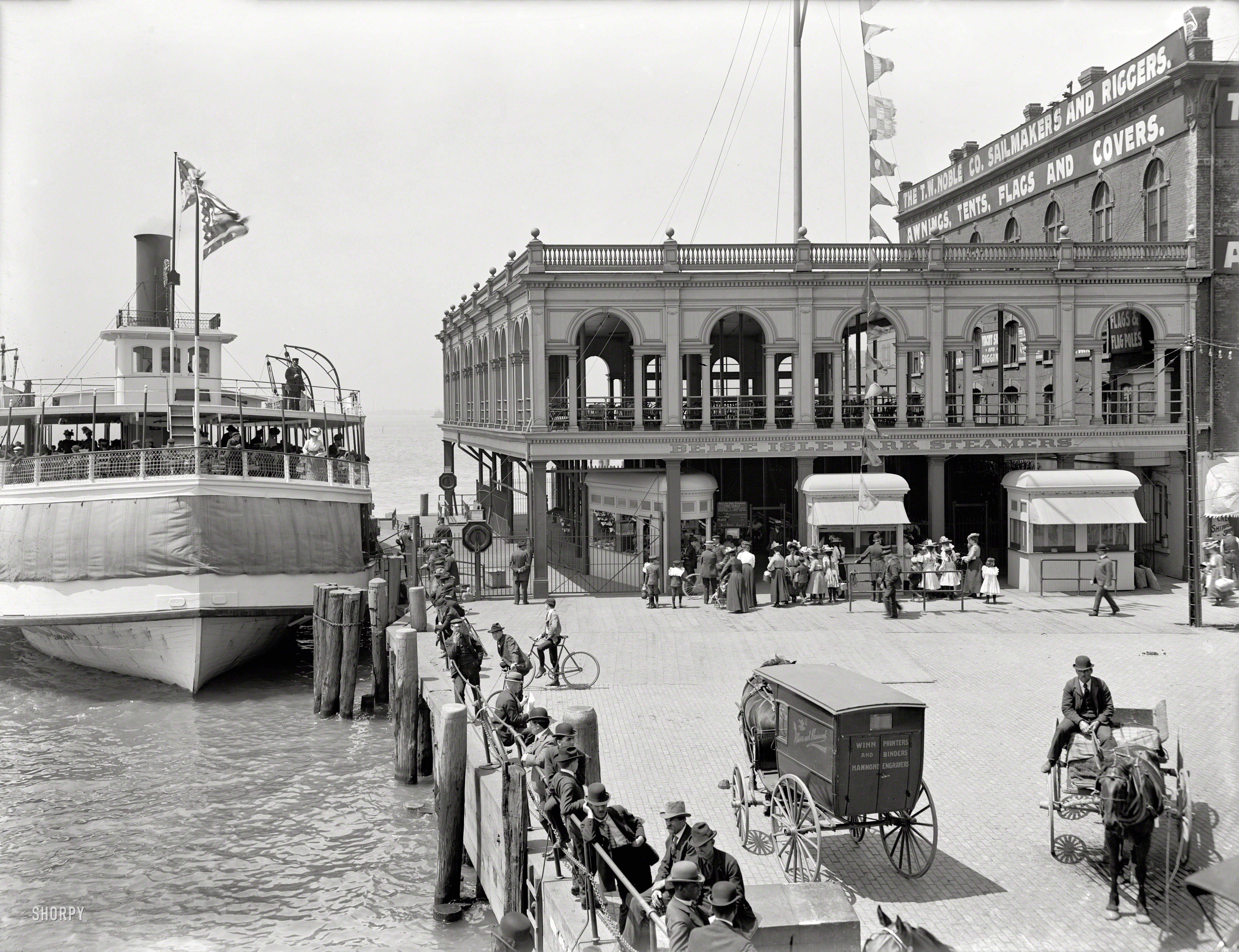 Detroit circa 1905. "Belle Isle ferry dock." A good place to pick up a yacht sail. The steamer Garland, seen earlier here. 8x10 glass negative. View full size.