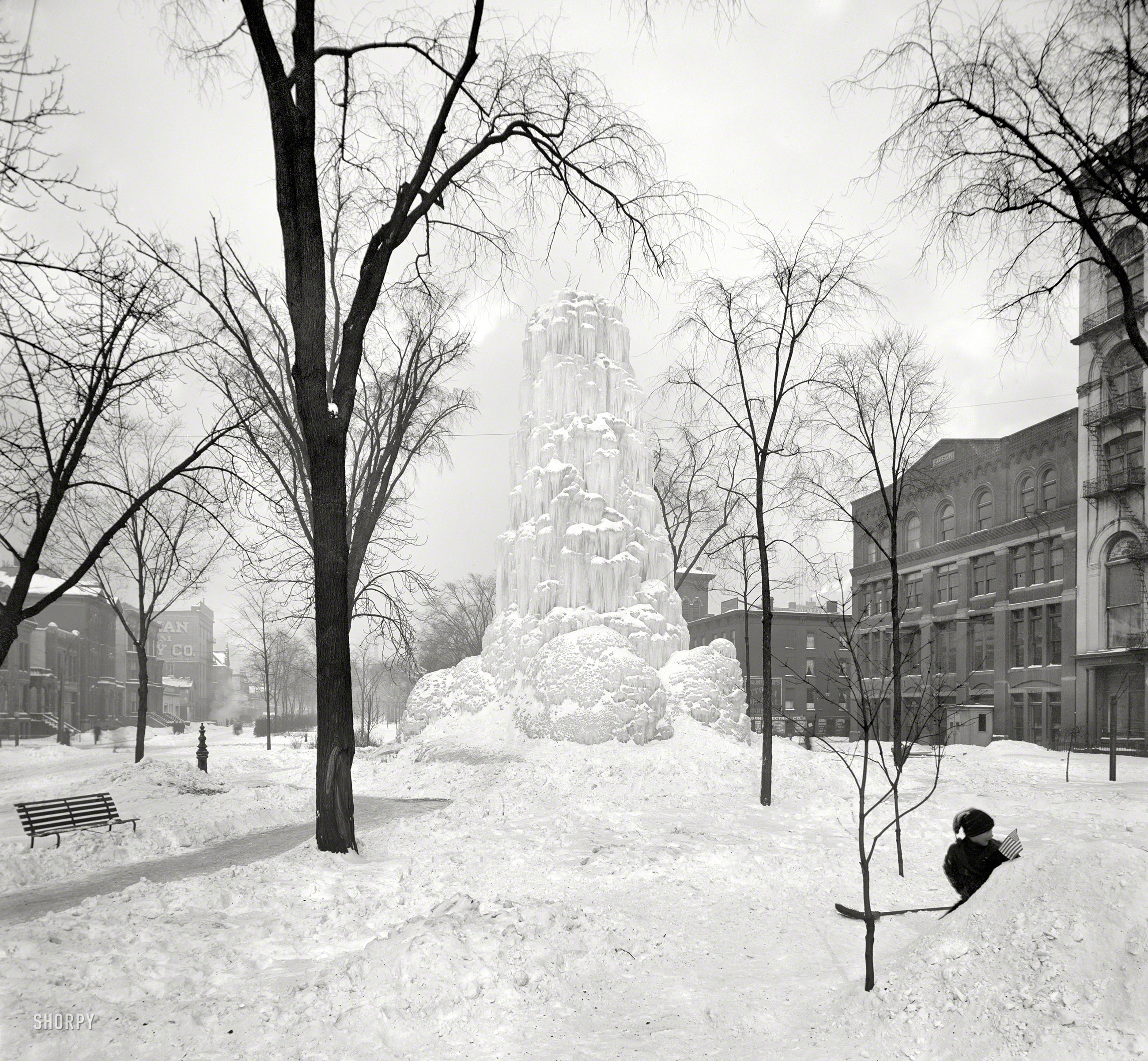 Detroit circa 1904. "Washington Boulevard fountain of ice." 8x10 inch dry plate glass negative, Detroit Publishing Company. View full size.
