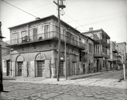 New Orleans circa 1903. "Old Absinthe House and Bourbon Street." (*Hic*) 8x10 inch dry plate glass negative, Detroit Publishing Company. View full size.