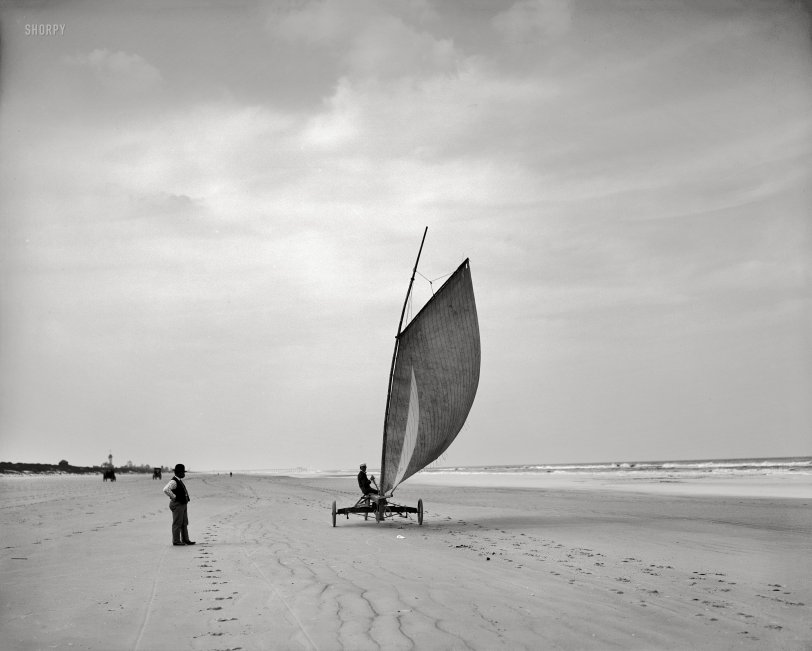 Circa 1905. "Sailing on the beach -- Ormond, Florida." It'll never take off. 8x10 inch dry plate glass negative, Detroit Publishing Company. View full size.
