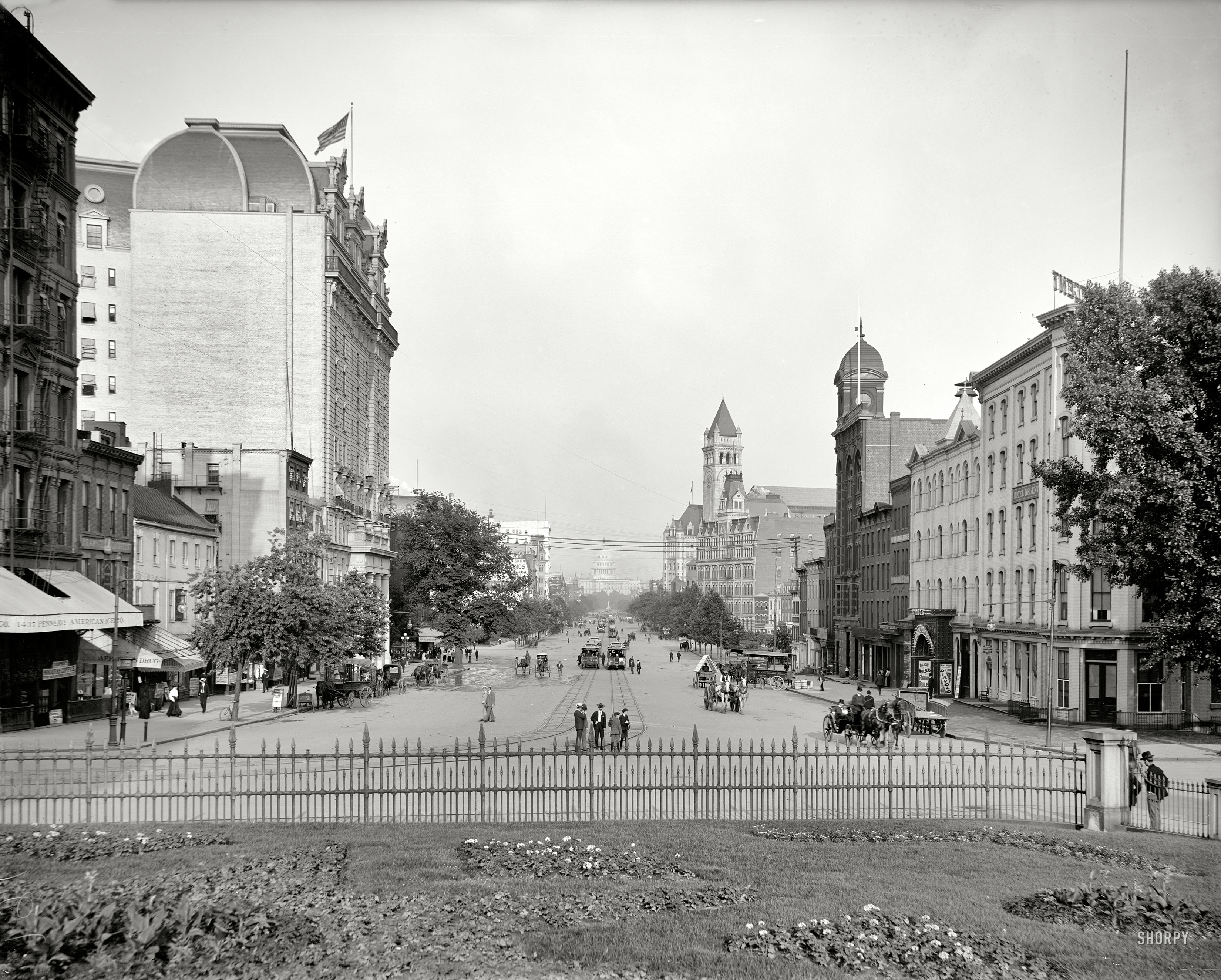 June 1903. "Pennsylvania Avenue -- Washington, D.C." Landmarks here include the Old Post Office and that big domed building at the end of the street. 8x10 inch dry plate glass negative, Detroit Publishing Company. View full size.