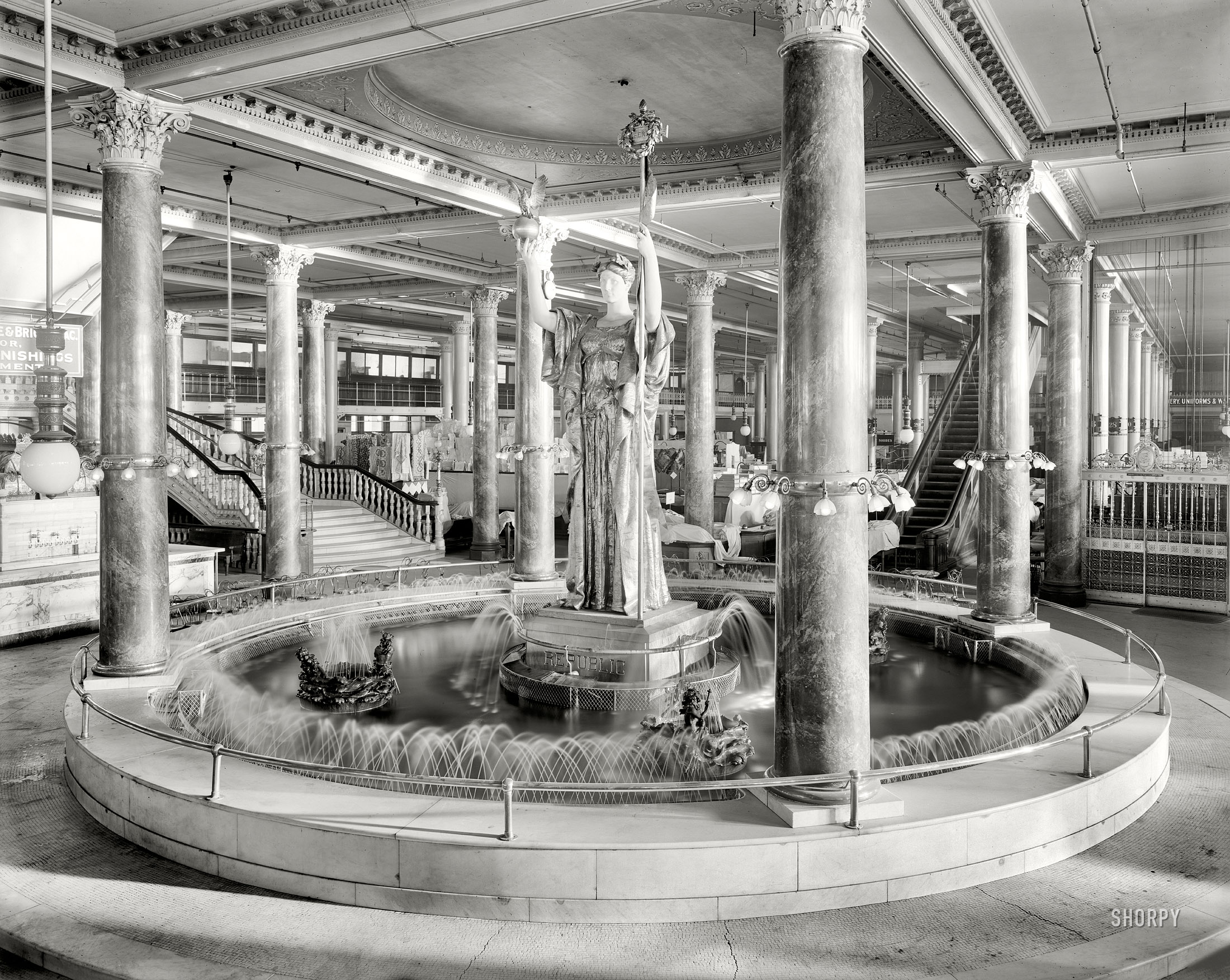 New York circa 1910. "Siegel Cooper & Co., the fountain. Republic statue." 8x10 inch dry plate glass negative, Detroit Publishing Company. View full size.