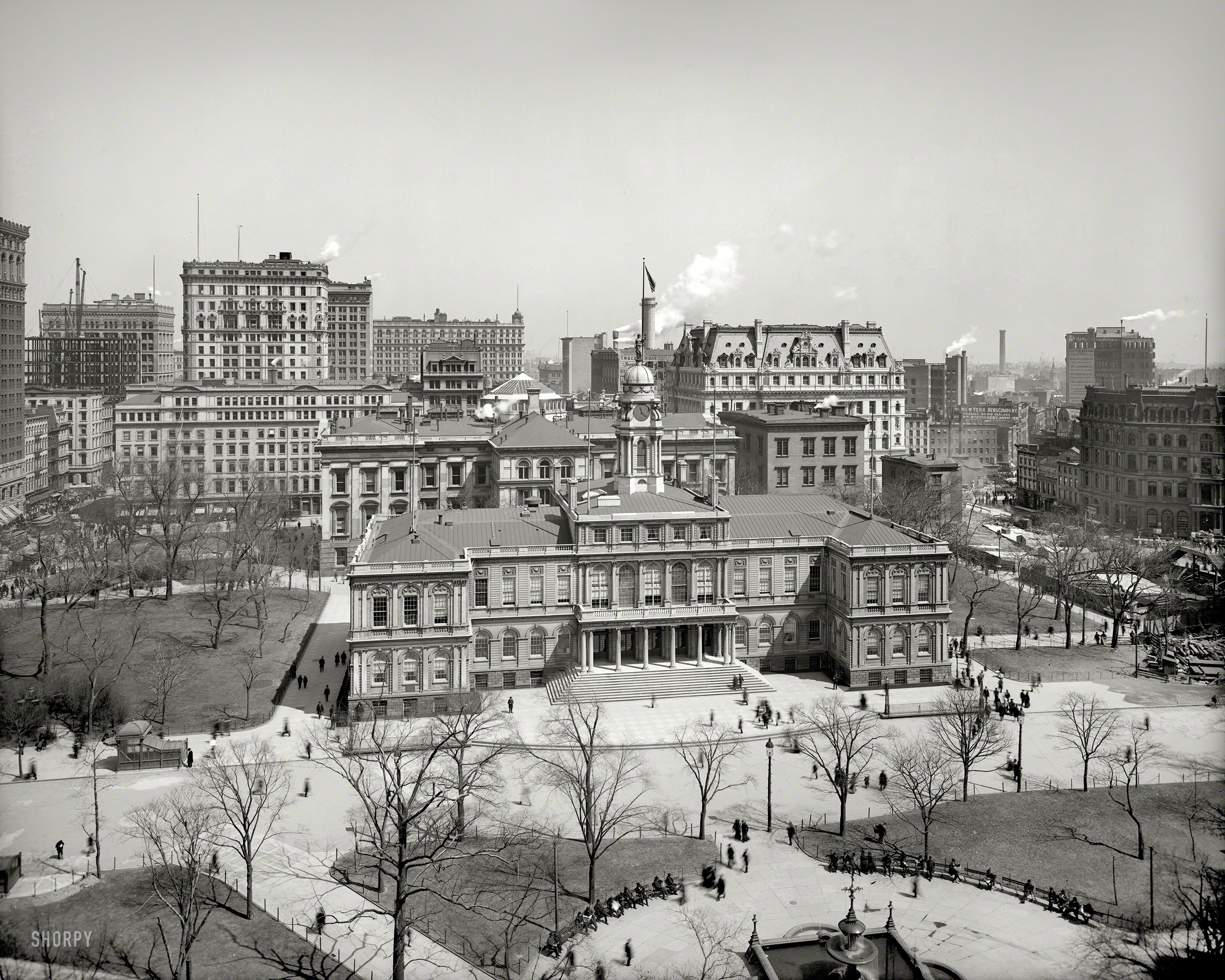 New York circa 1903. "City Hall." Note the building going up at left and construction at right. 8x10 glass negative, Detroit Publishing Co. View full size.