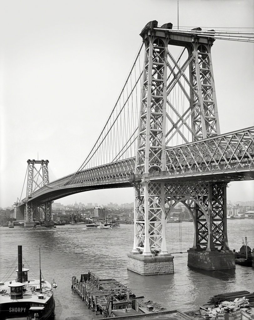 New York circa 1904. "Williamsburg Bridge from Brooklyn." The new span over the East River. 8x10 glass negative, Detroit Publishing Company. View full size.
