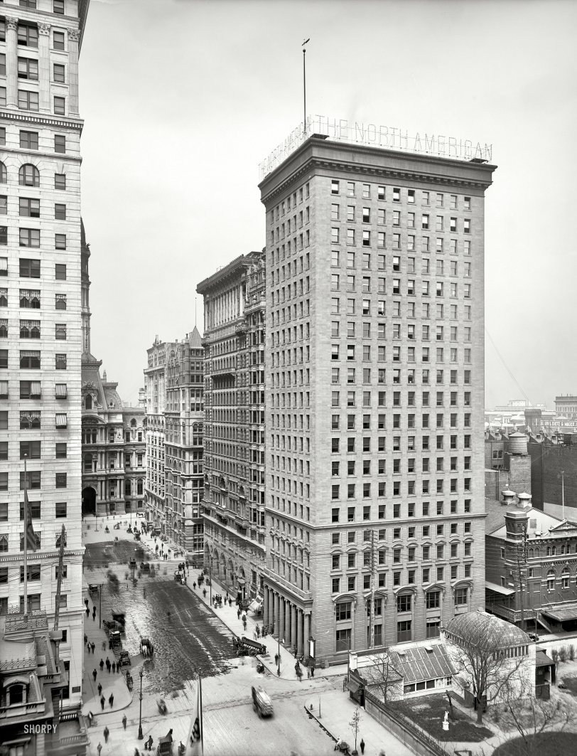 Philadelphia circa 1905. "North American, Real Estate Trust, City Hall and Land Title Building." Over the years the North American building has lost its cornice but acquired a ruddy-looking suntan. 8x10 glass negative. View full size.
