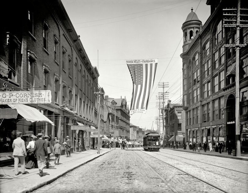 1904. Portland, Maine. "Looking down Congress Street from Congress Square." 8x10 inch dry plate glass negative, Detroit Publishing Company. View full size.
