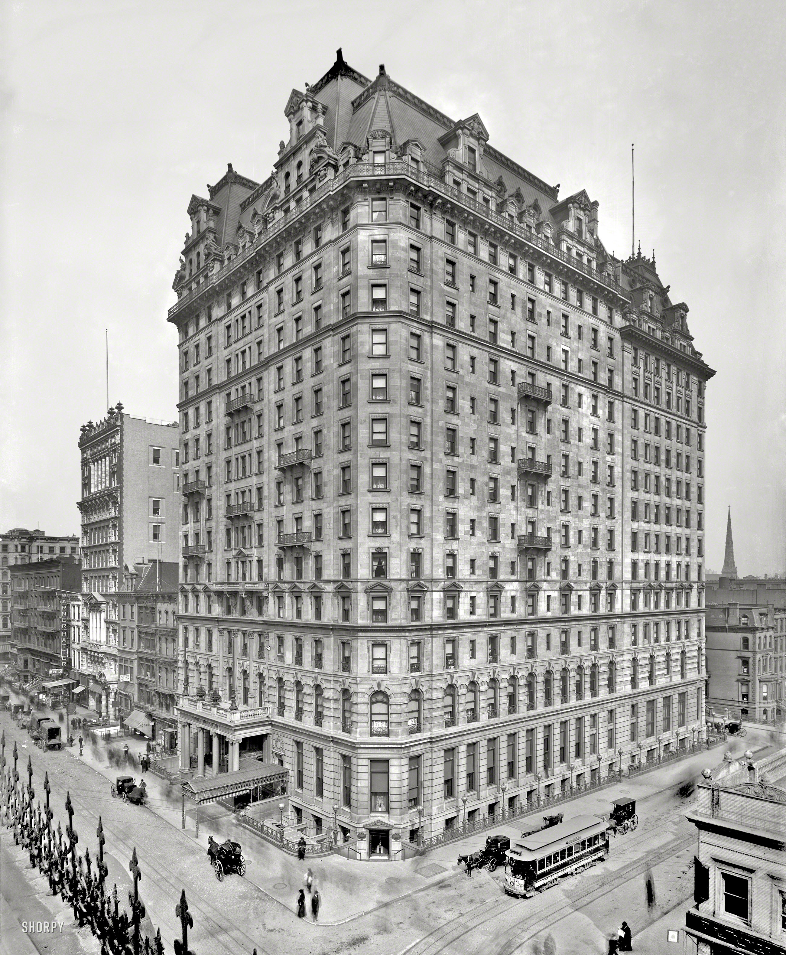 New York circa 1904. "Hotel Manhattan, Madison Avenue and 42nd Street." 8x10 inch dry plate glass negative, Detroit Publishing Company. View full size.