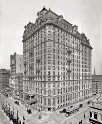 New York circa 1904. "Hotel Manhattan, Madison Avenue and 42nd Street." 8x10 inch dry plate glass negative, Detroit Publishing Company. View full size.
People come, People go, Nothing ever happensThe Grand Hotel in Berlin 1932 had Greta Garbo, John Barrymore, Lionel Barrymore, Joan Crawford, Lewis Stone, Wallace Beery, and many other talented folks.
I'm sure New York had their share of famous folks too.
Trolley CarI assume the car got its power from what looks like a third rail between the tracks. Wasn't that kind of dangerous, seeing how it's street level for anyone to step on?
[New York had many cable car lines at the time. And trolleys using street-level electrical power accessed the underground line through a slot in the pavement, not via a third rail. - tterrace]
From beautiful to blandThe Manhattan Hotel was constructed in 1897, designed by architect Henry J. Hardenbergh.  Hardenbergh was also the architect for the Carnegie Hall tower additions (1894), the Dakota Apartments (1881-84), the former Waldorf Astoria Hotel (1893 – currently the site of the Empire State Building) and the Plaza Hotel (1909).  
The Manhattan Hotel was demolished in the 1960s for the current Sperry &amp; Hutchinson Building (aka 330 Madison).  The new building, a forgettable glass and steel tower, was constructed in 1964.  Designed by Kahn &amp; Jacobs Architects, it is 41 stories (555 feet) tall.
I&#039;ll have to ask grannyThe front of the hotel was on seedy 42nd street, and the side on Madison Avenue from 42nd to 43rd. The photo looks as if it were taken from a building obstructing Madison Avenue.  The streetcar tracks curve out of the way, too.
(The Gallery, DPC, NYC, Streetcars)