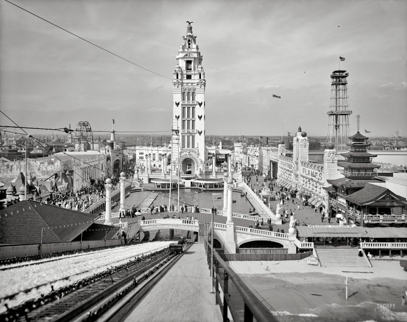 New York circa 1905. "Dreamland Park, Coney Island." Theme park attractions vying for our attention include the Shoot-the-Chutes water flume and various stunt spectaculars, cycloramas, rides and exhibits: Fighting the Flames, Fall of Pompeii, Marine Boat, Canals of Venice, the Air Ship and a pagoda-like tea house called Revels of Japan. Where to begin? 8x10 glass negative. View full size.
