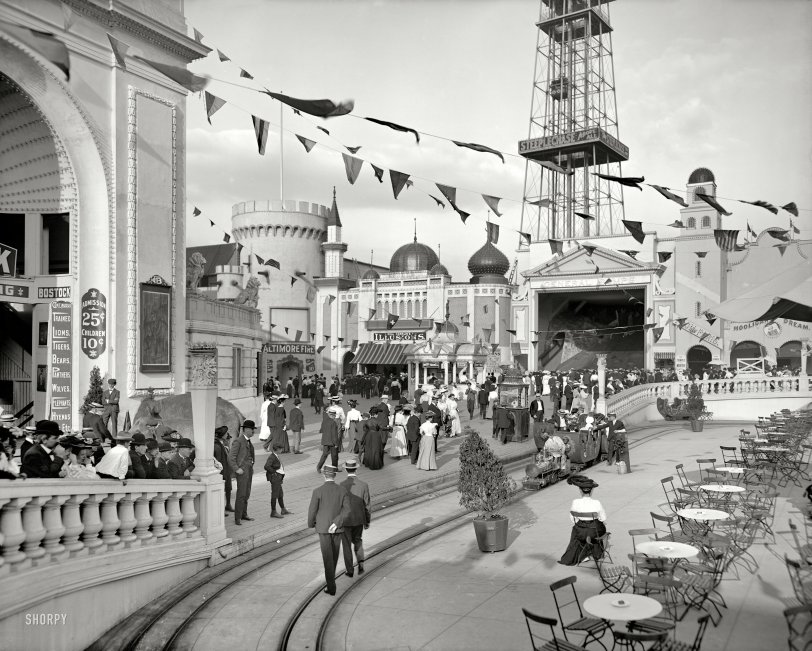 New York circa 1905. "Dreamland Park at Coney Island." Among the amusements to be sampled: An observation tower, the Bostock trained animal show, a Baltimore Fire cyclorama, the General Bumps ride, a miniature railway, Will Conklin's Illusions, the Temple of Mirth and Hooligan's Dream. 8x10 inch dry plate glass negative, Detroit Publishing Company. View full size.
