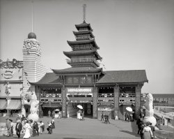 New York circa 1904. "Dreamland Park, Air Ship Building, Coney Island." Step right up to see the Santos-Dumont Airship No. 9 -- only a dime. Extra added Axis-flavored attraction: swastika decorations on this Japanese pagoda, the "Revels of Japan" tea house; the airship was in a hangar out back. View full size.
