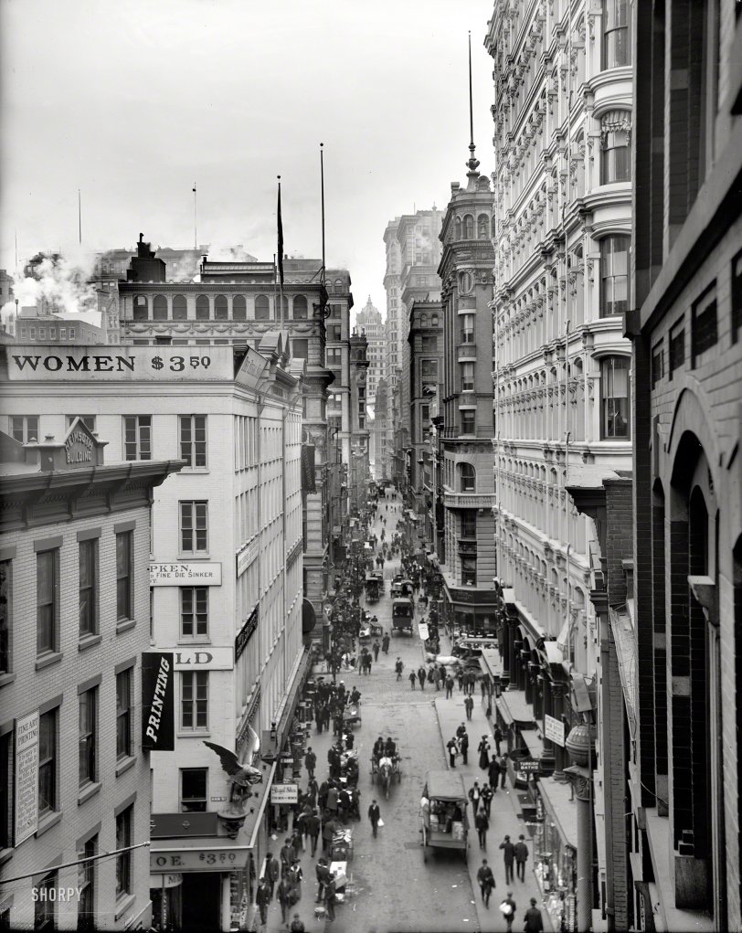 Circa 1905. "Nassau Street, New York City." So, $3.50. By the hour? By the pound? Oh wait. Per pair. Detroit Publishing glass negative. View full size.
