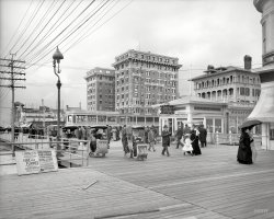 Atlantic City circa 1905. "Hotel Chalfonte and Boardwalk." Where the diversions include shooting flames, rolling chairs and "social drama." 8x10 inch dry plate glass negative, Detroit Publishing Company. View full size.