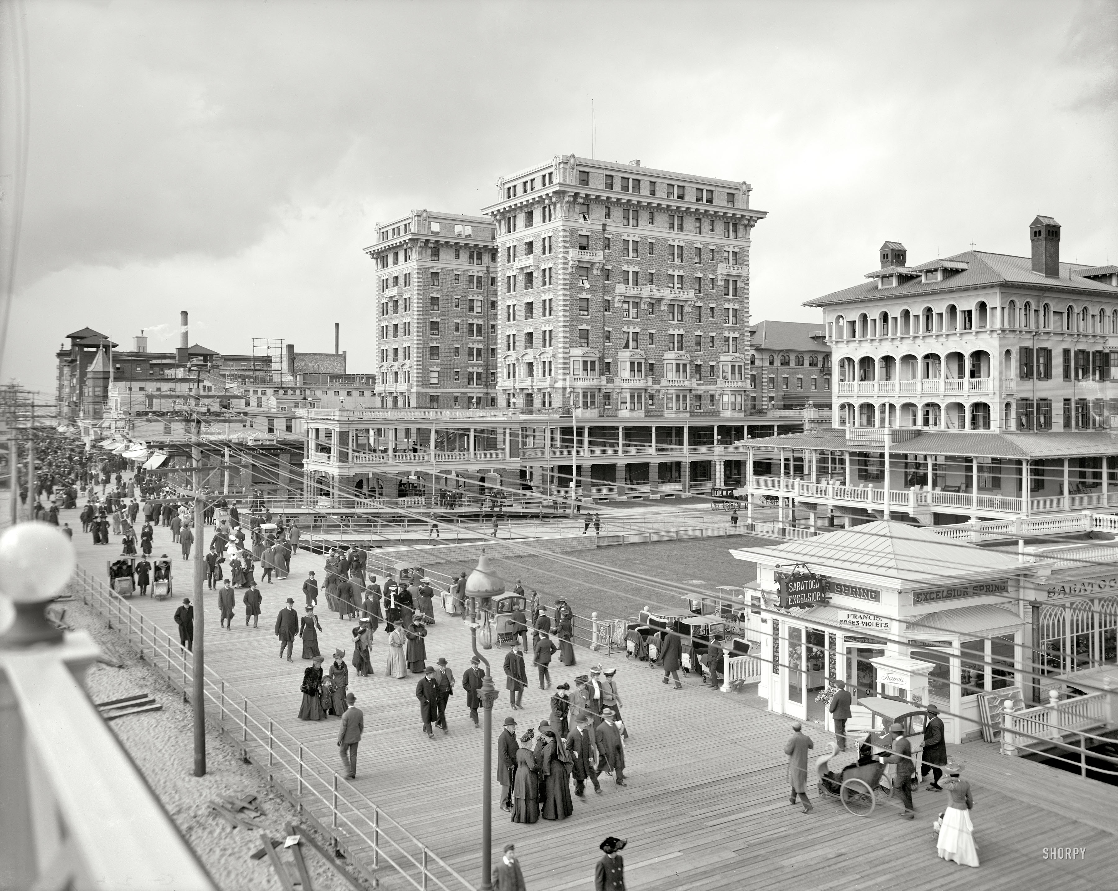 The Jersey Shore circa 1907. "Hotel Chalfonte and Boardwalk, Atlantic City." The 10-story Chalfonte was A.C.'s first "skyscraper" resort. View full size.