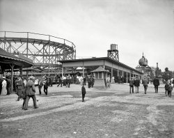 Cleveland, Ohio, circa 1908. "Roller coaster at Euclid Beach." 8x10 inch dry plate glass negative, Detroit Publishing Company. View full size.