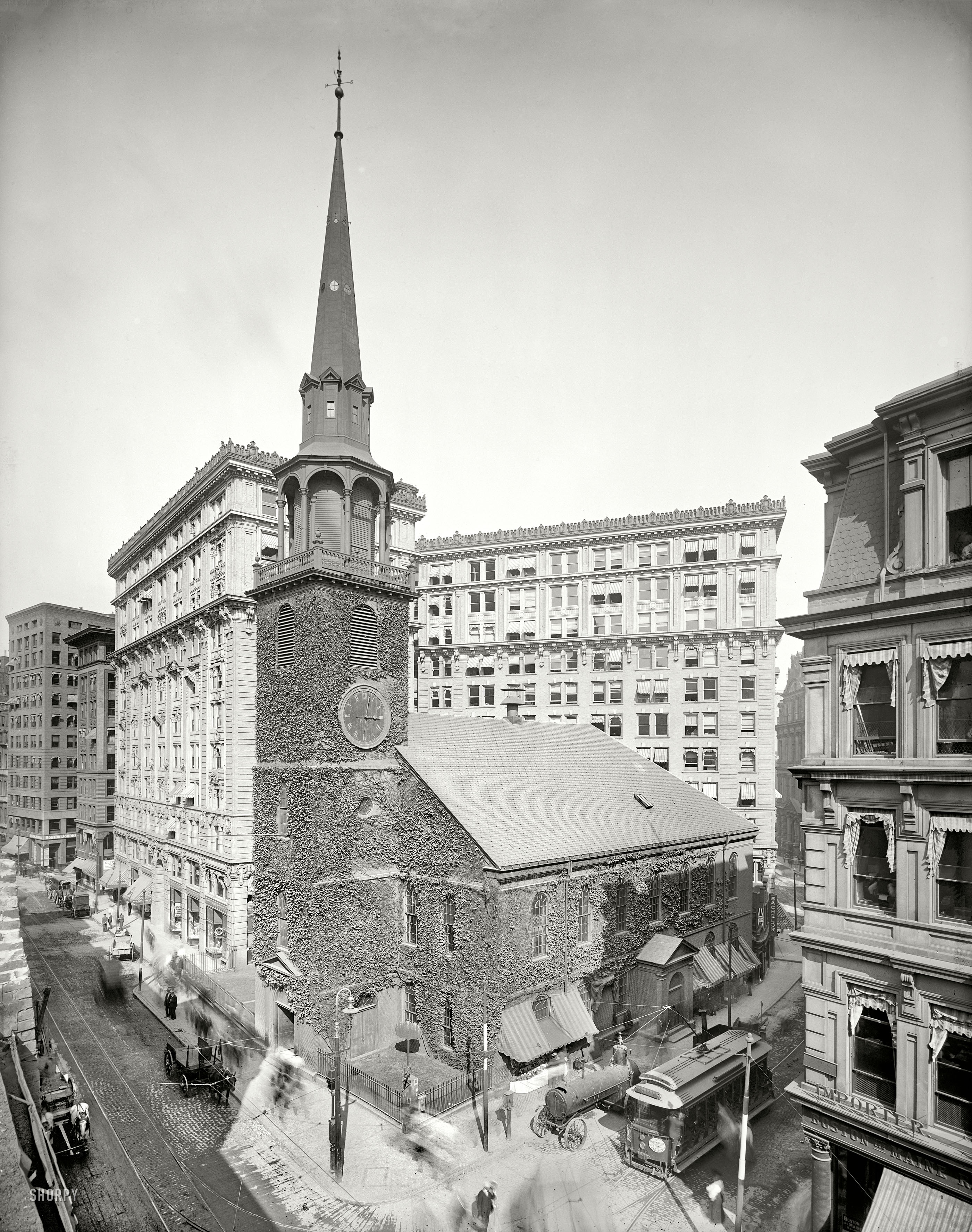 Boston circa 1905. "Old South Meeting House & Old South Building." 8x10 inch dry plate glass negative, Detroit Publishing Company. View full size.