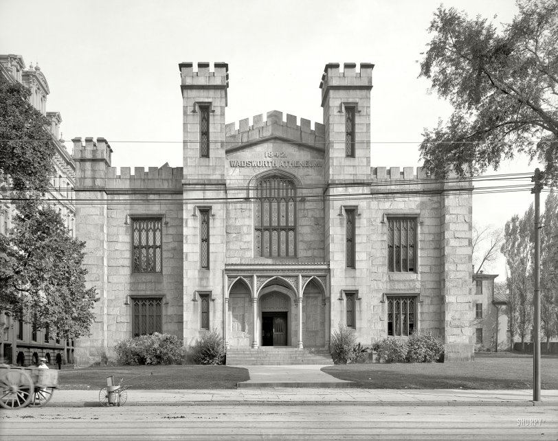 Hartford, Connecticut, circa 1907. "Wadsworth Atheneum." Plus a fixture of early 1900s streetscapes -- a  Department of Sanitation pushcart in the days when vehicular emissions were removed with shovel and broom. View full size.
