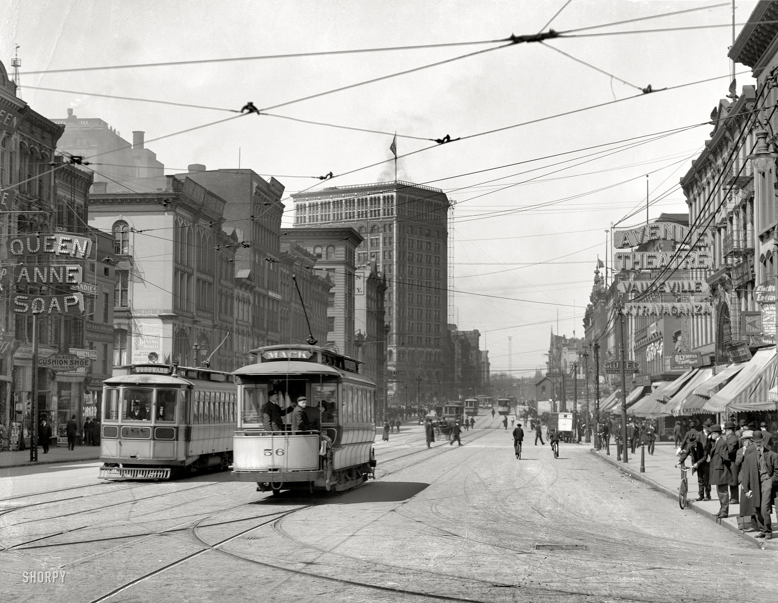 Detroit circa 1905. "Woodward Avenue looking north." The soap-and-theater district. 8x10 inch glass negative, Detroit Publishing Company. View full size.